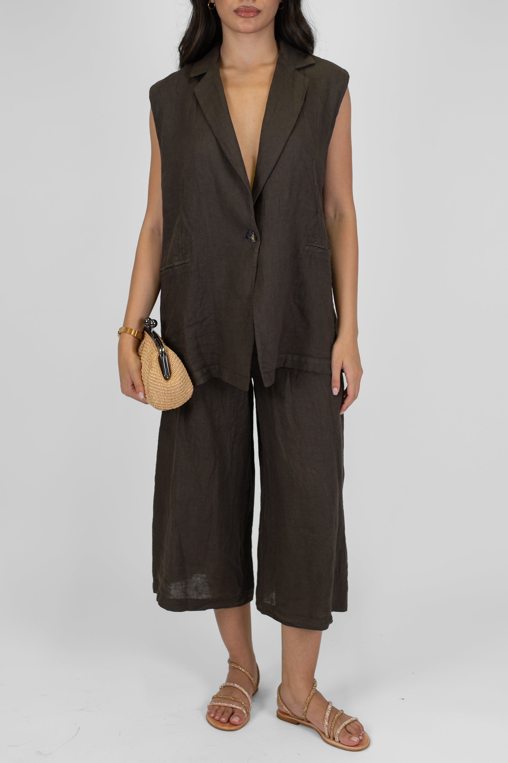 Haveone - Pantalone crop a gamba ampia in puro lino con elastico sul retro