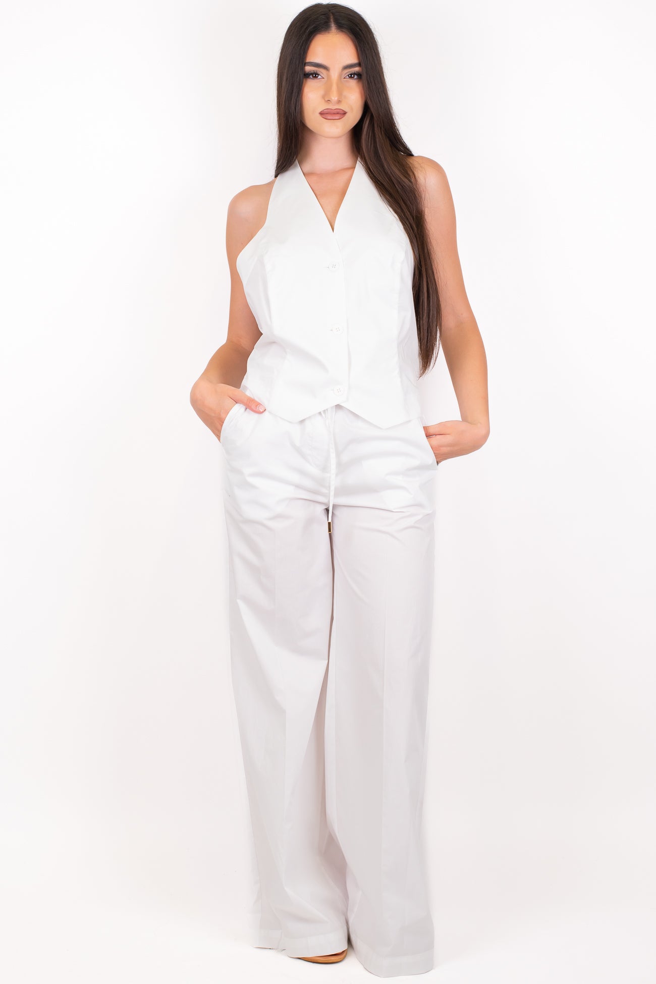 Dixie - Coordinato in cotone tela paracadute con top scollo americano e pantalone palazzo con elastico sul retro