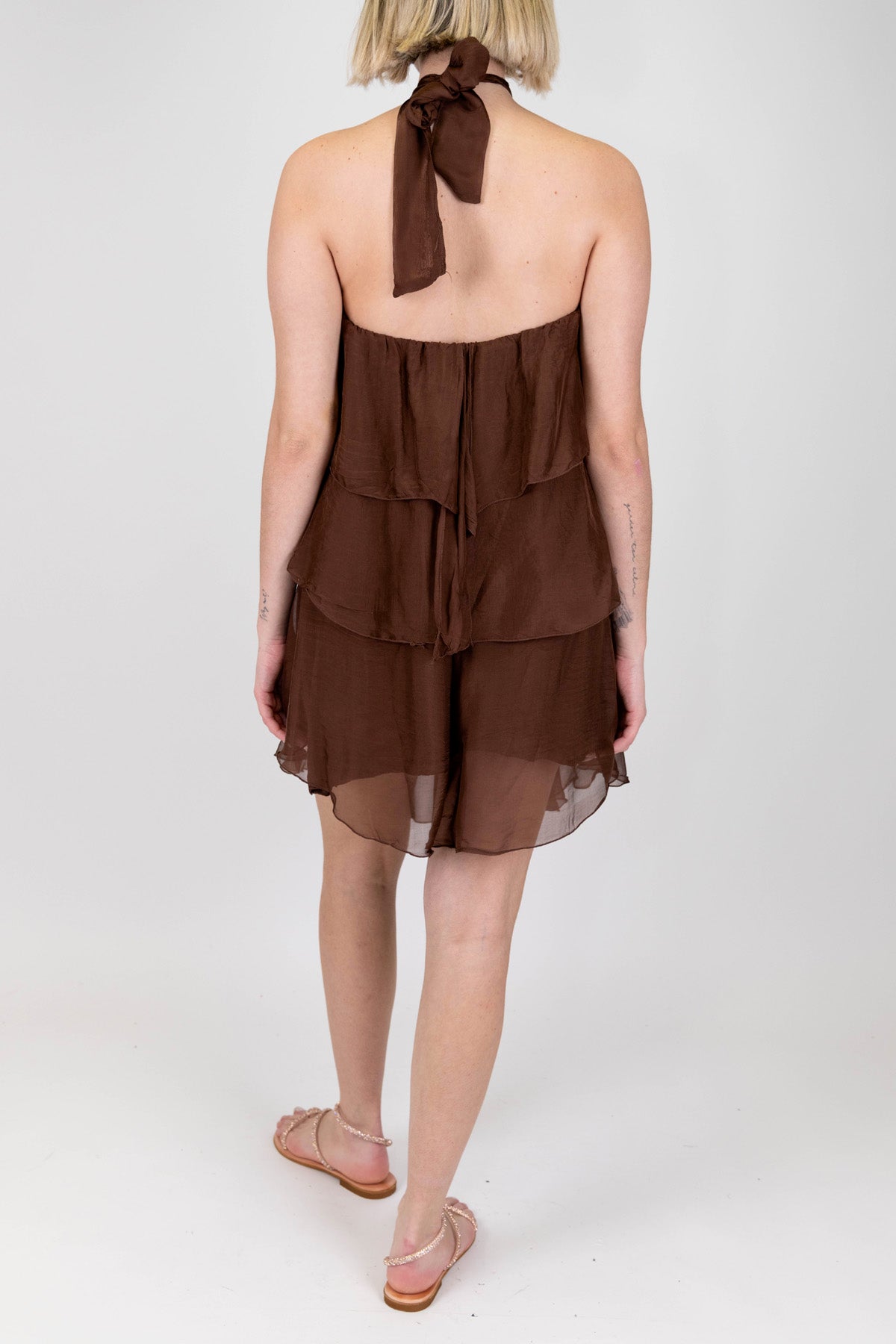 Haveone - Abito corto in misto seta con allaccio al collo e balze