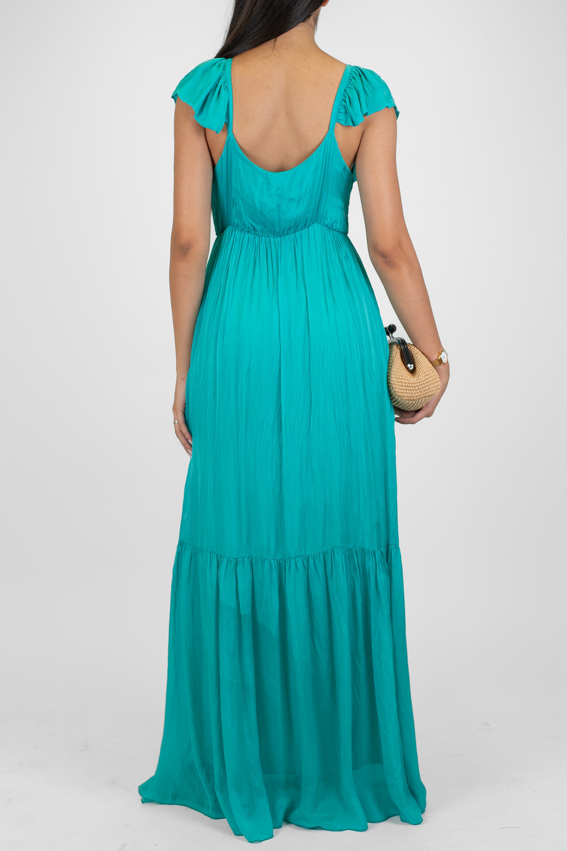 Dixie - Abito lungo in misto seta con scollo a V e rouches