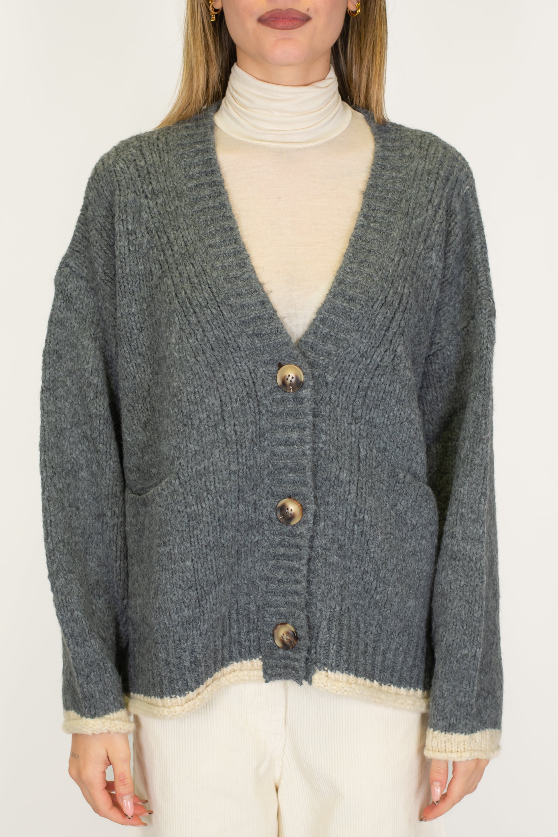 Motel - Cardigan tre bottoni in misto lana con fondo a contrasto