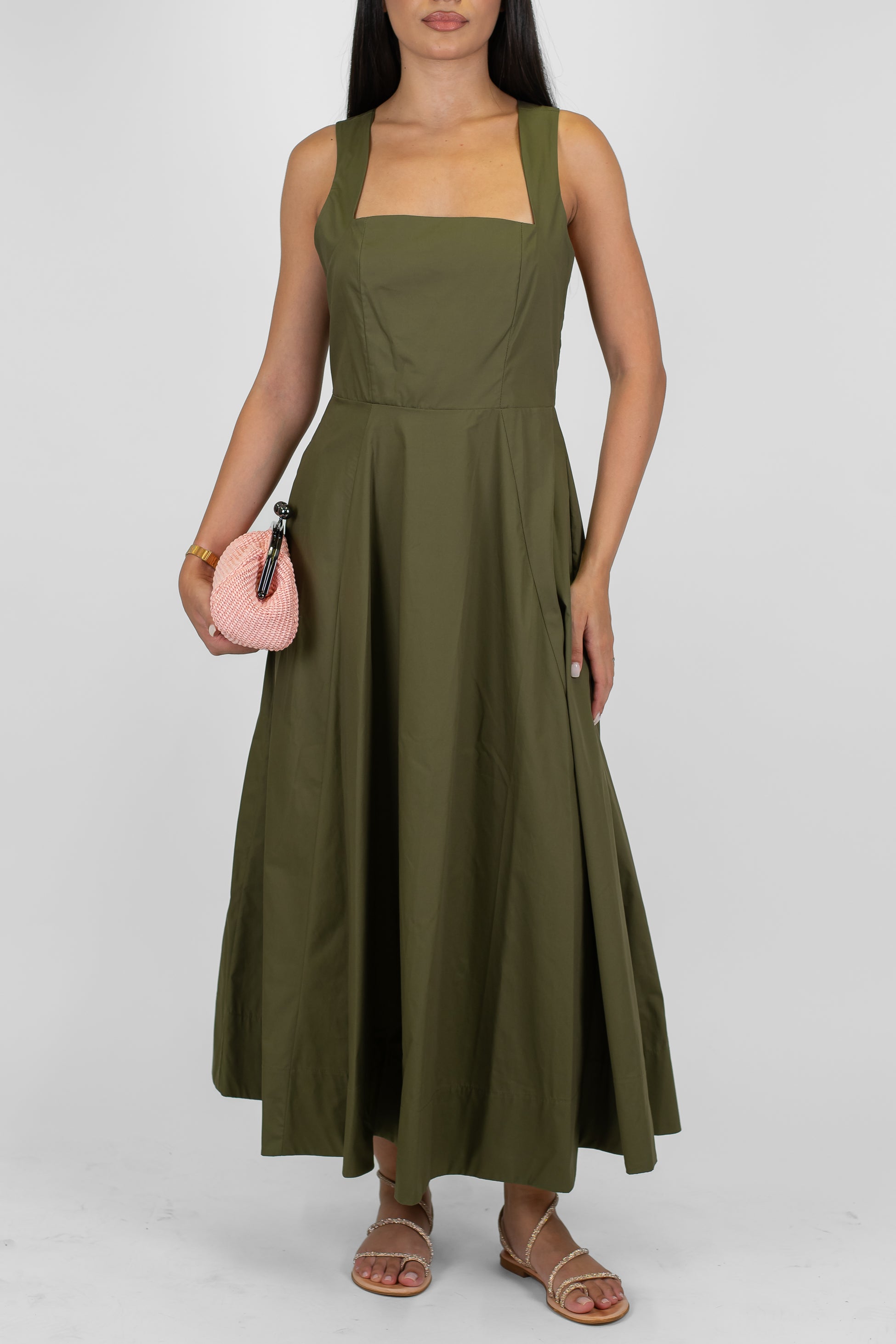 Dixie - Abito lungo in tela paracadute con scollo quadro e bretelle a fascia ad inrocio sul retro