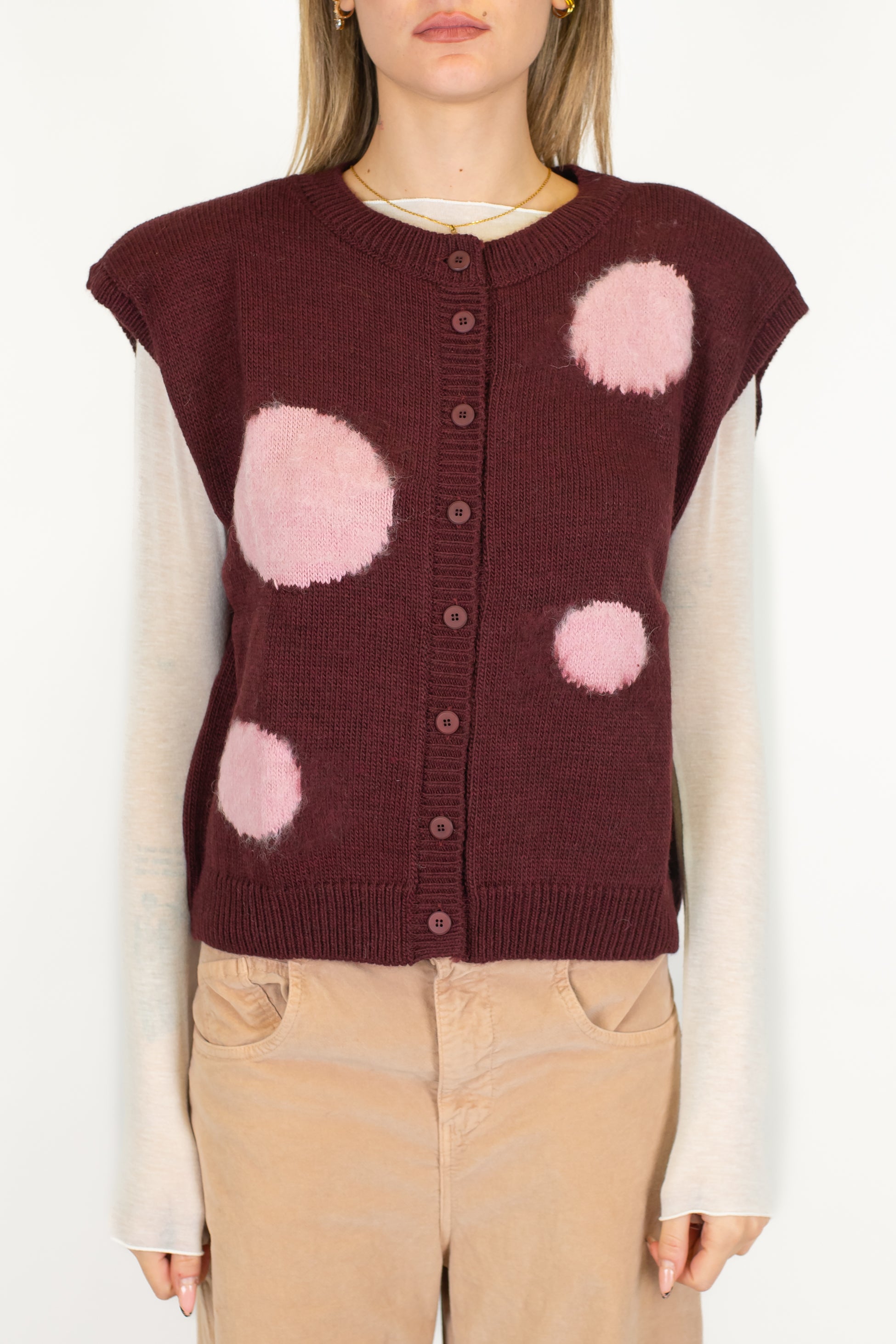 Maryley - Gilet over con spalline e pois contrasto in misto lana con spalline