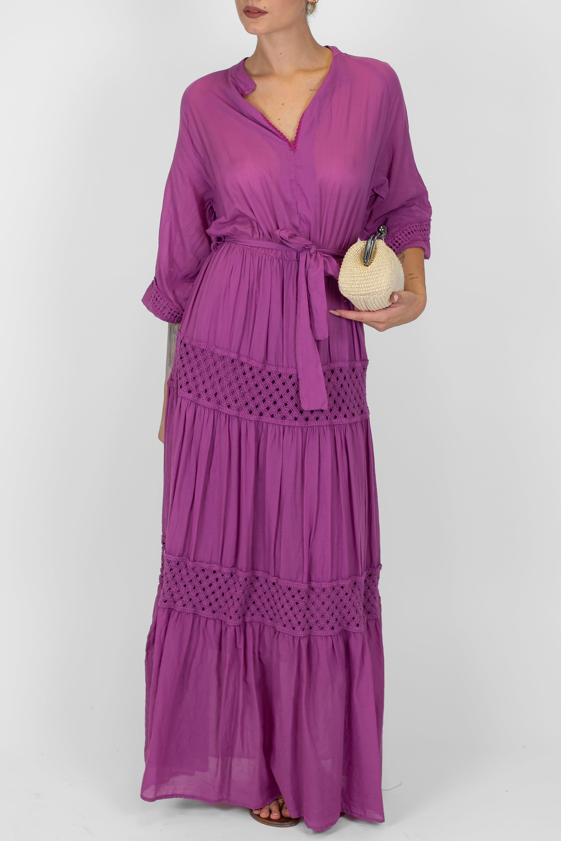 Dixie - Abito lungo in mussola di cotone con inserti crochet