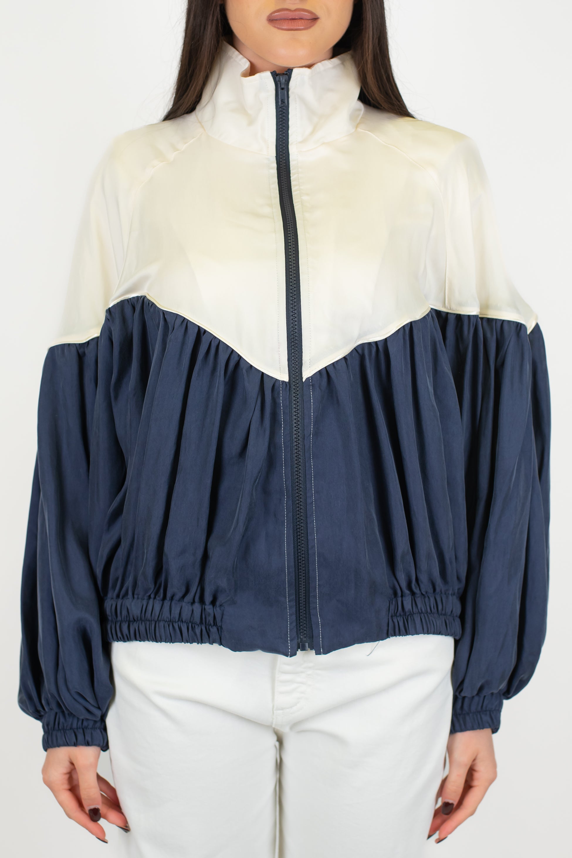 Tensione in - Bomber in cupro con fondo a contrasto ed elastico