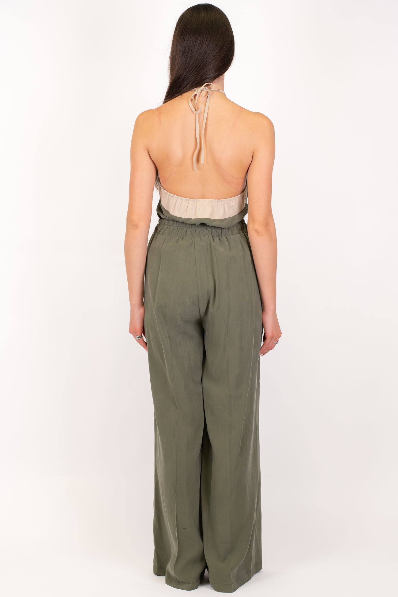 Maryley - Coordinato top scollo americano con profilo a contrasto e pantalone palazzo con elastico in vita