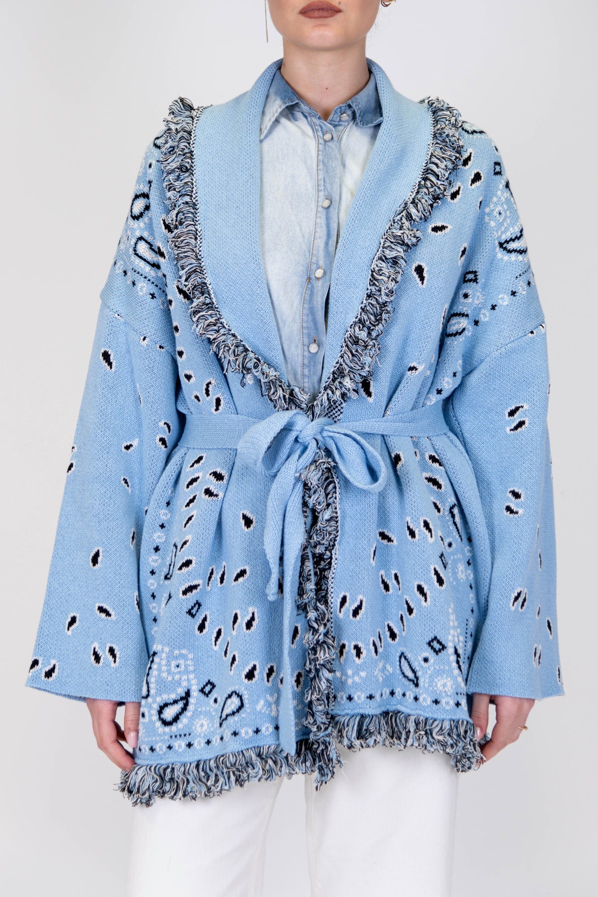 Tensione in - Cardigan fantasia astratta con cintura e profilo con frange