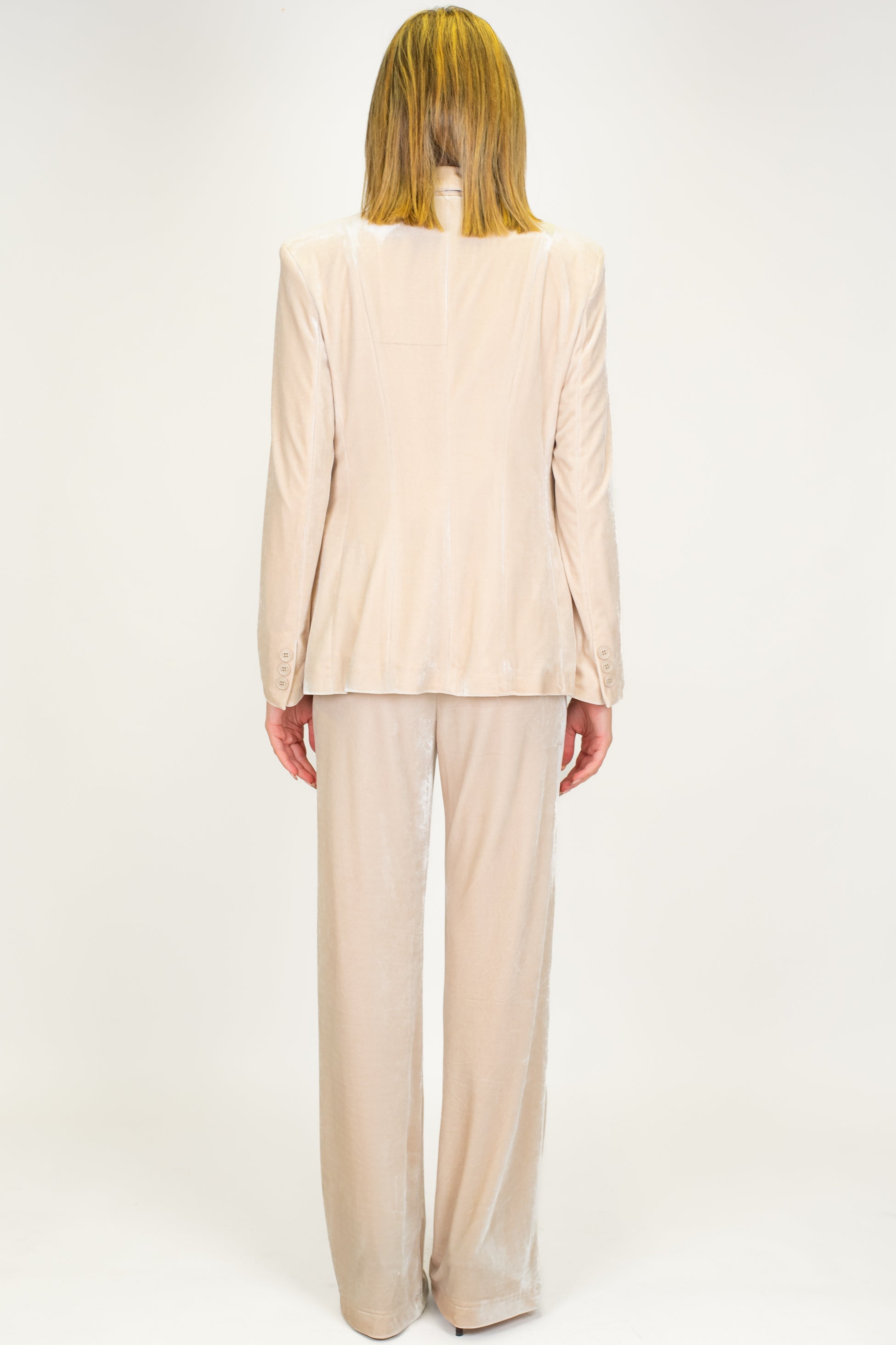 Maryley - Tailleur giacca con collo sciallato e pantalone palazzo in velluto con elastico in vita