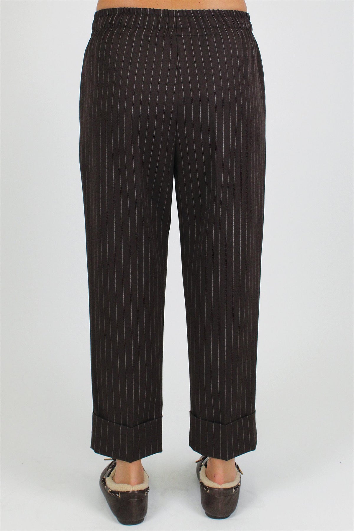 Maryley - Pantalone regular gessato con coulisse e risvolto sul fondo