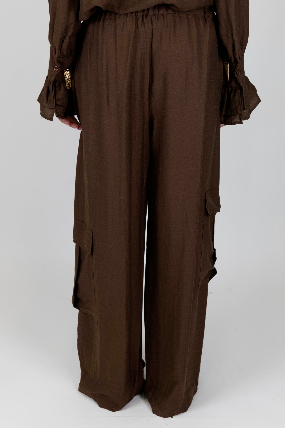 Haveone - Pantalone cargo palazzo in misto lino con elastico in vita