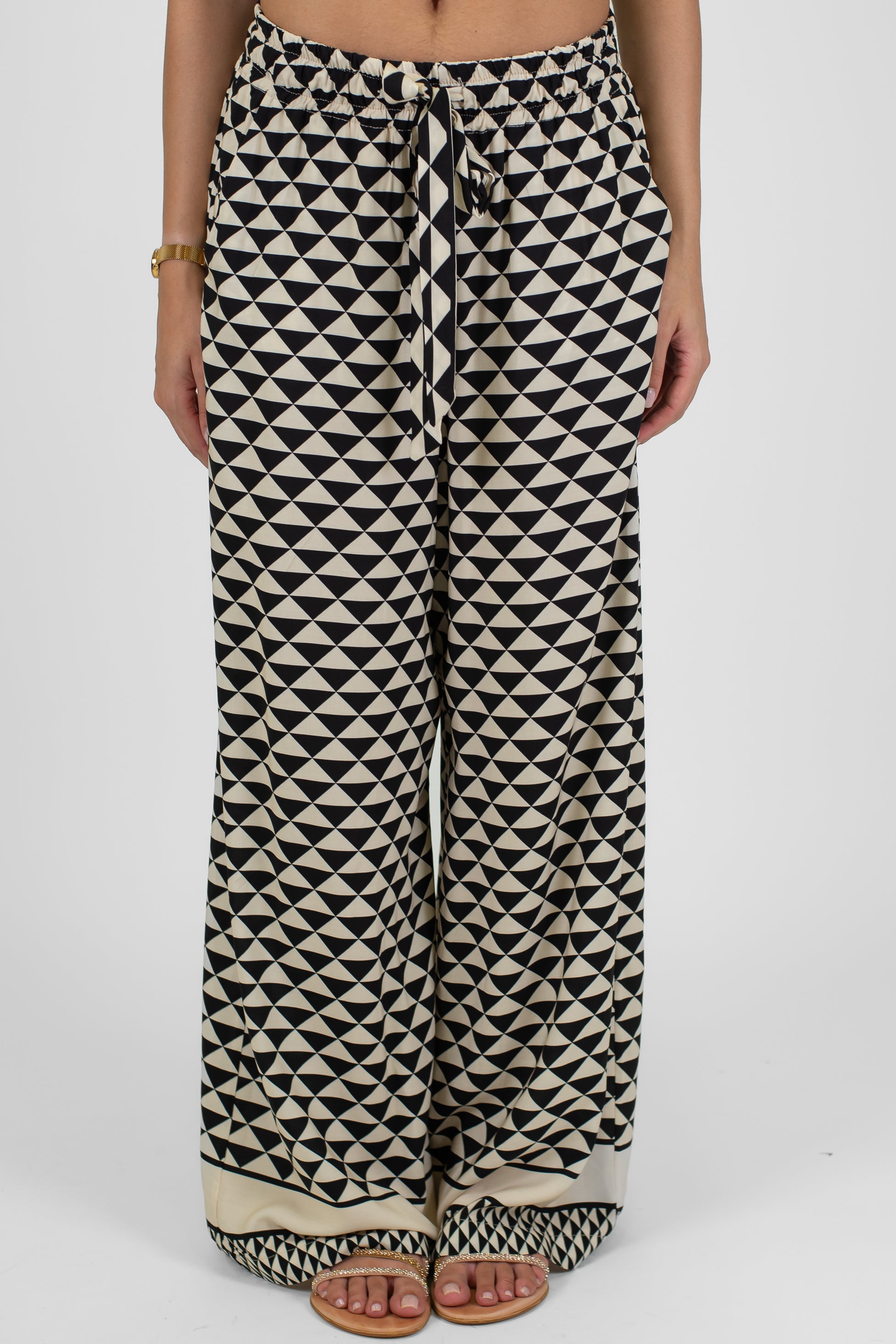 Tensione in - Pantalone palazzo fantasia geometrica in viscosa con coulisse