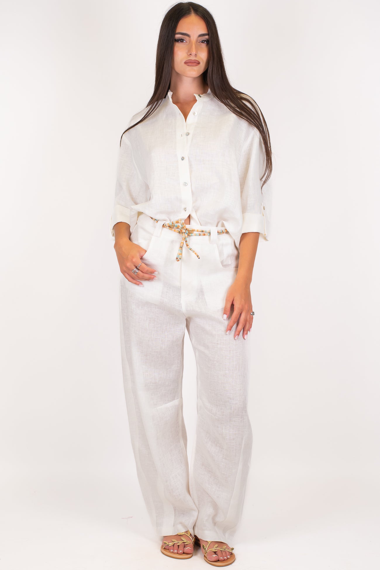 Maryely - Pantalone balloon in puro lino con cintura in corda