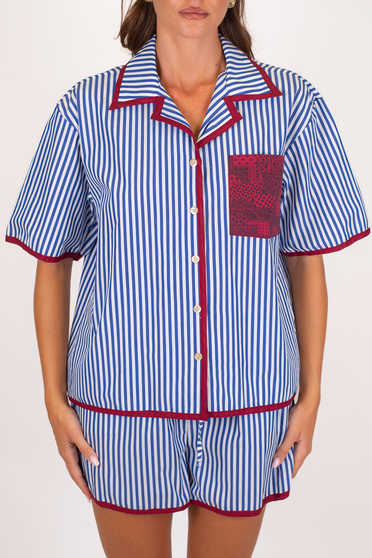 Motel - Camicia mezzamanica a righe con profilo e taschino a contrasto