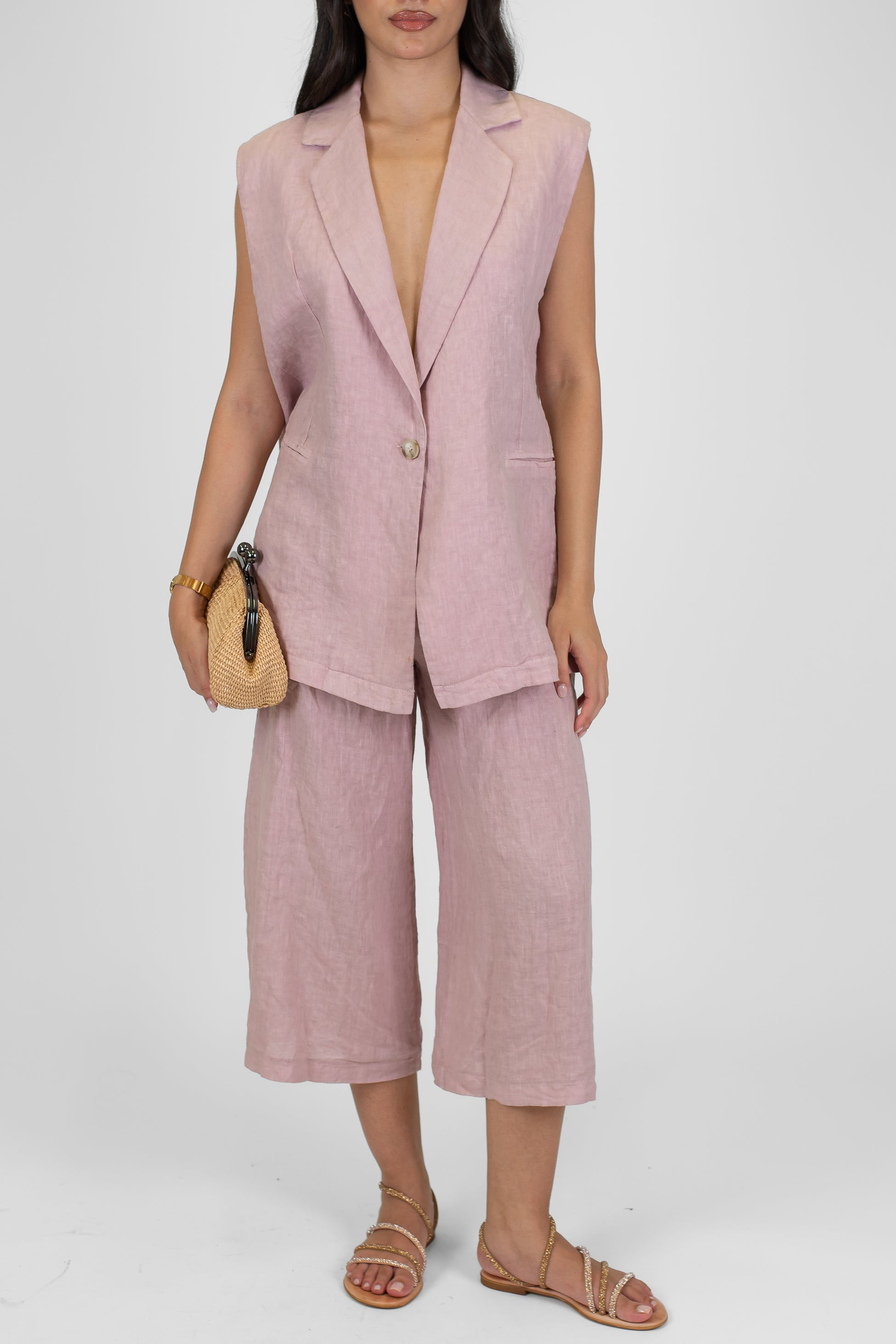 Haveone - Pantalone crop a gamba ampia in puro lino con elastico sul retro