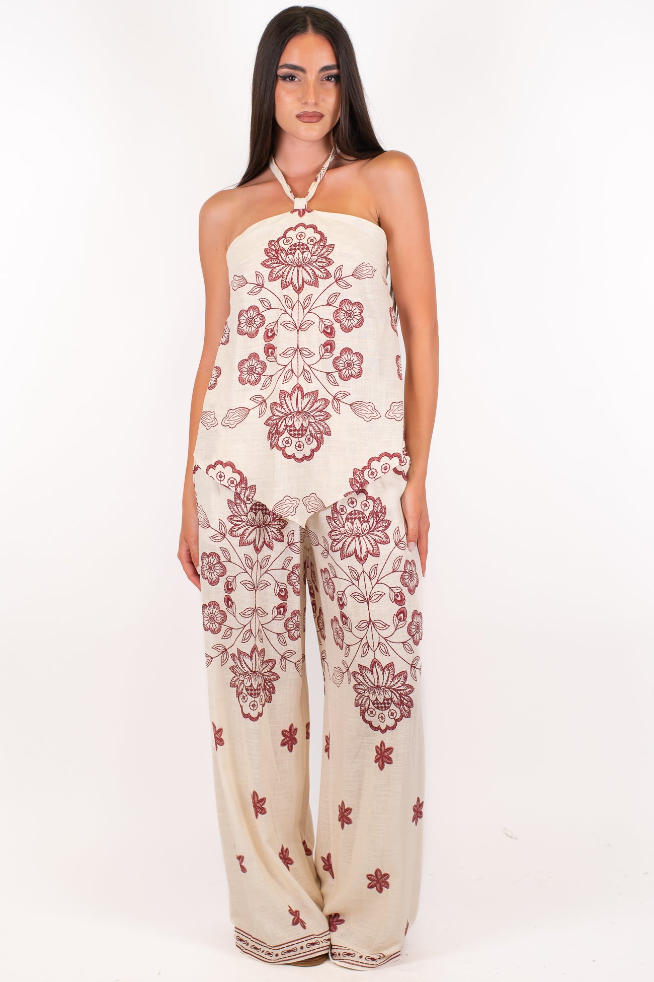 Tensione in - Pantalone palazzo fantasia floreale in misto viscosa e lino con coulisse