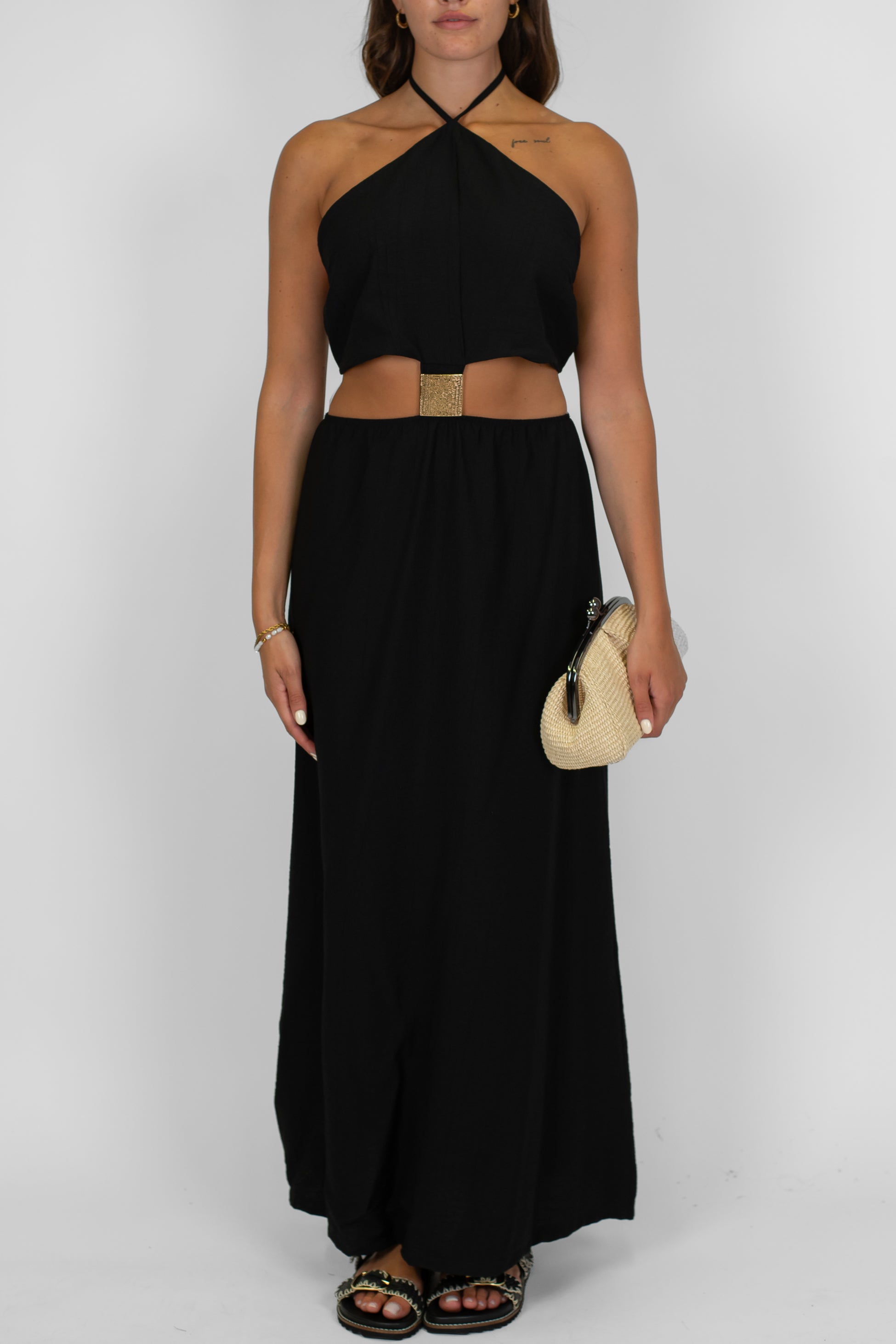 Haveone - Abito lungo cut-out con applicazioni in oro e allaccio al collo