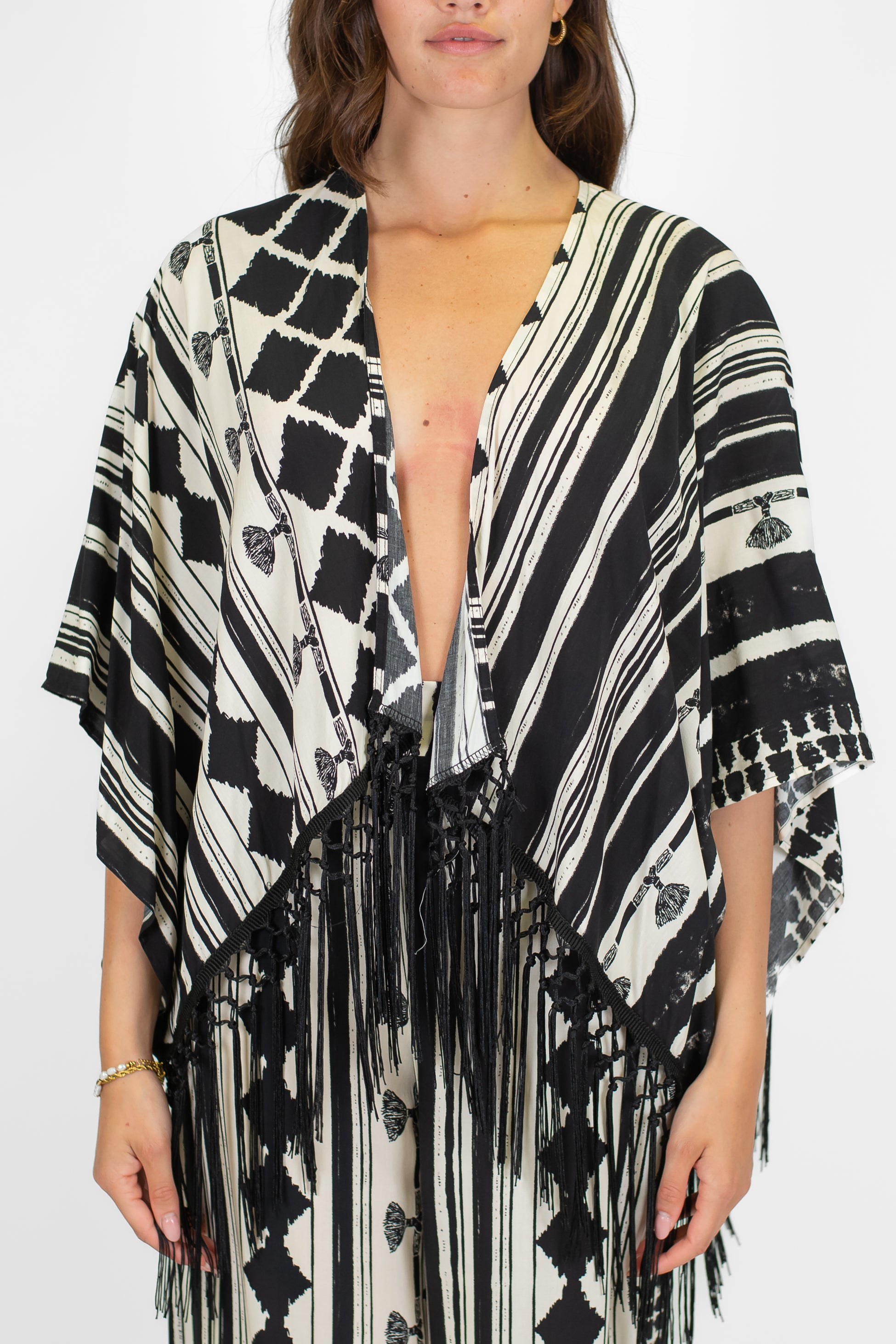 Haveone - Kimono corto fantasia astratta in viscosa con frange sul fondo