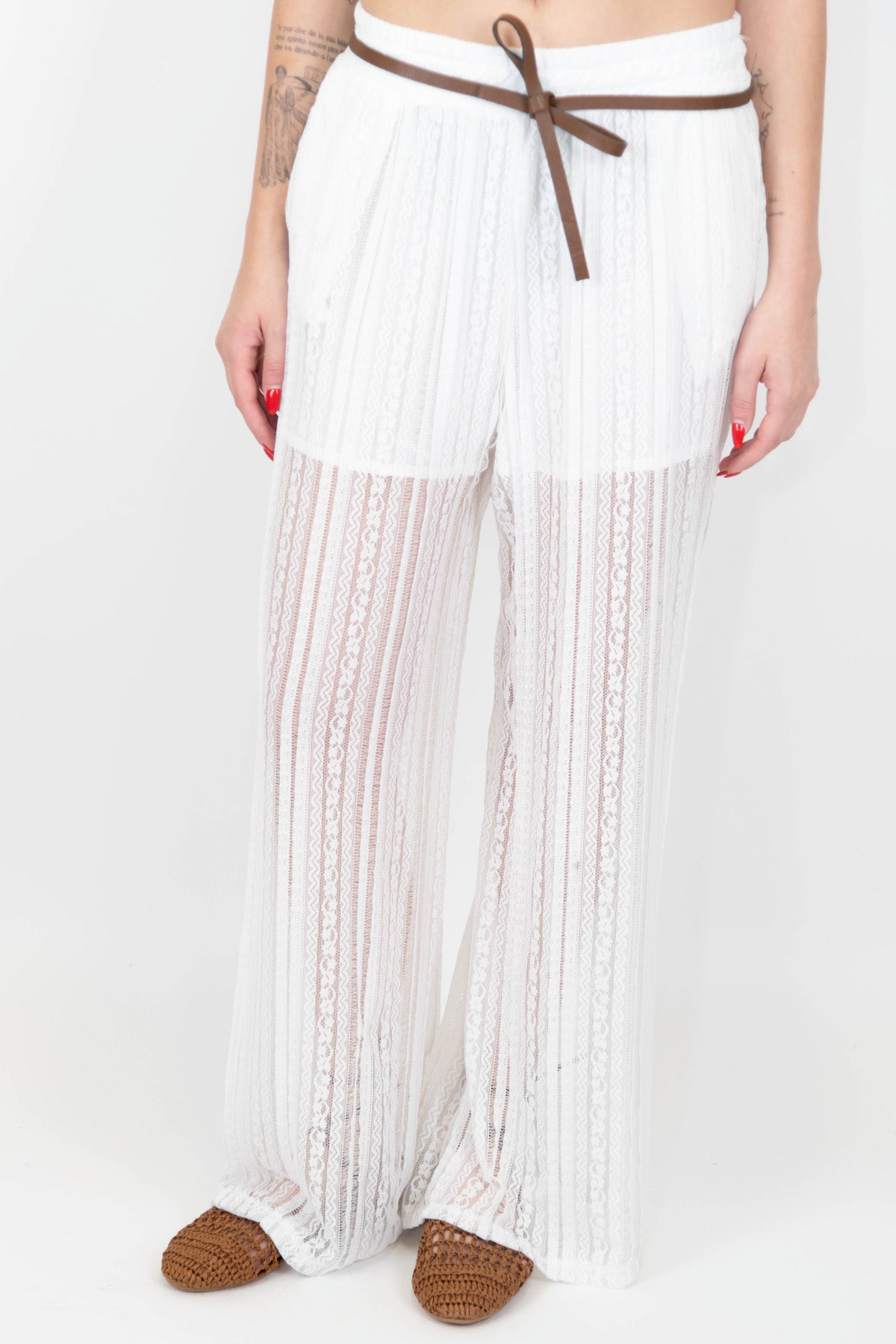 Motel - Pantalone palazzo a righe ricamate con elastico in vita