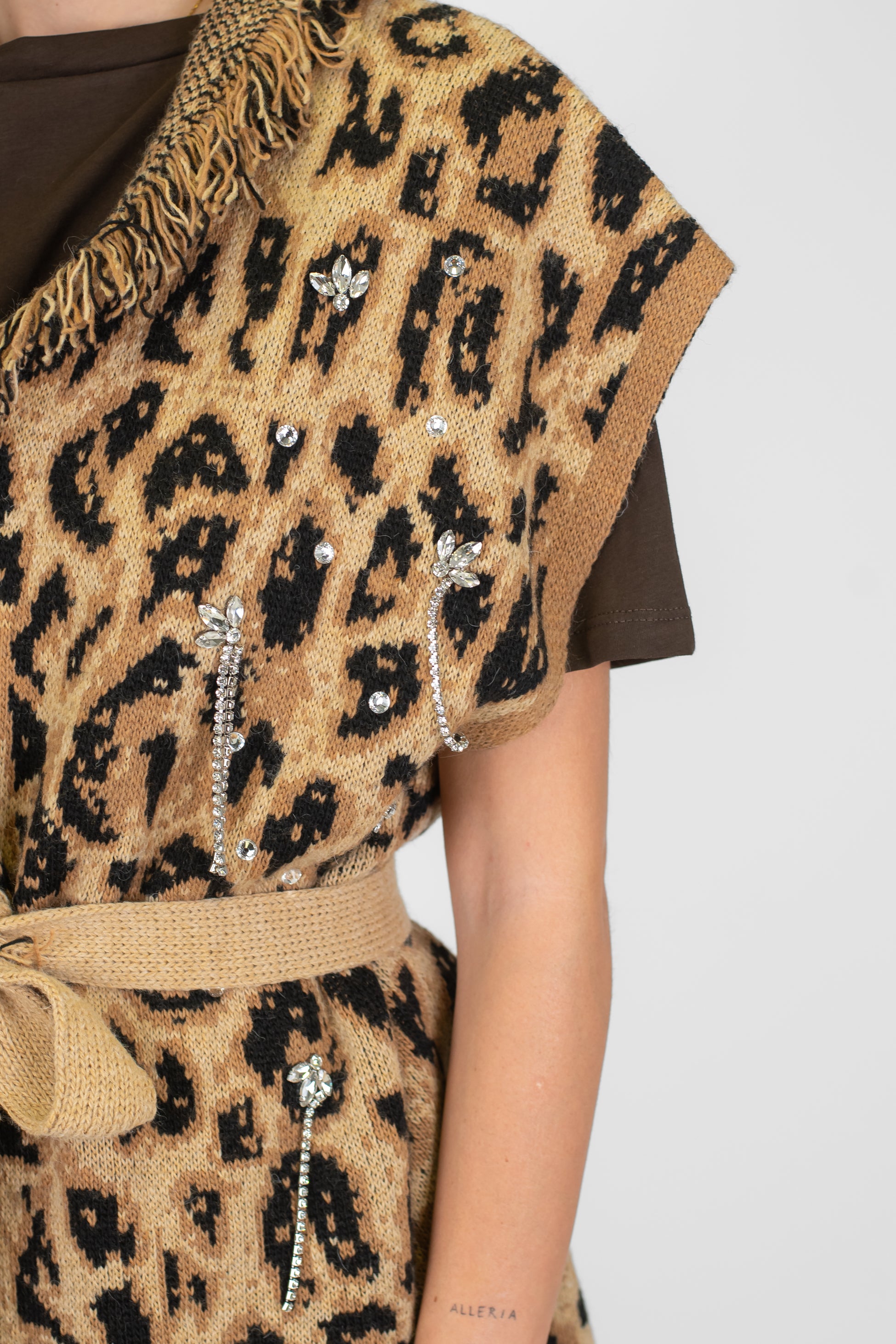 Haveone - Cardigan fantasia maculata giromaniche in misto lana con profilo frange e strass