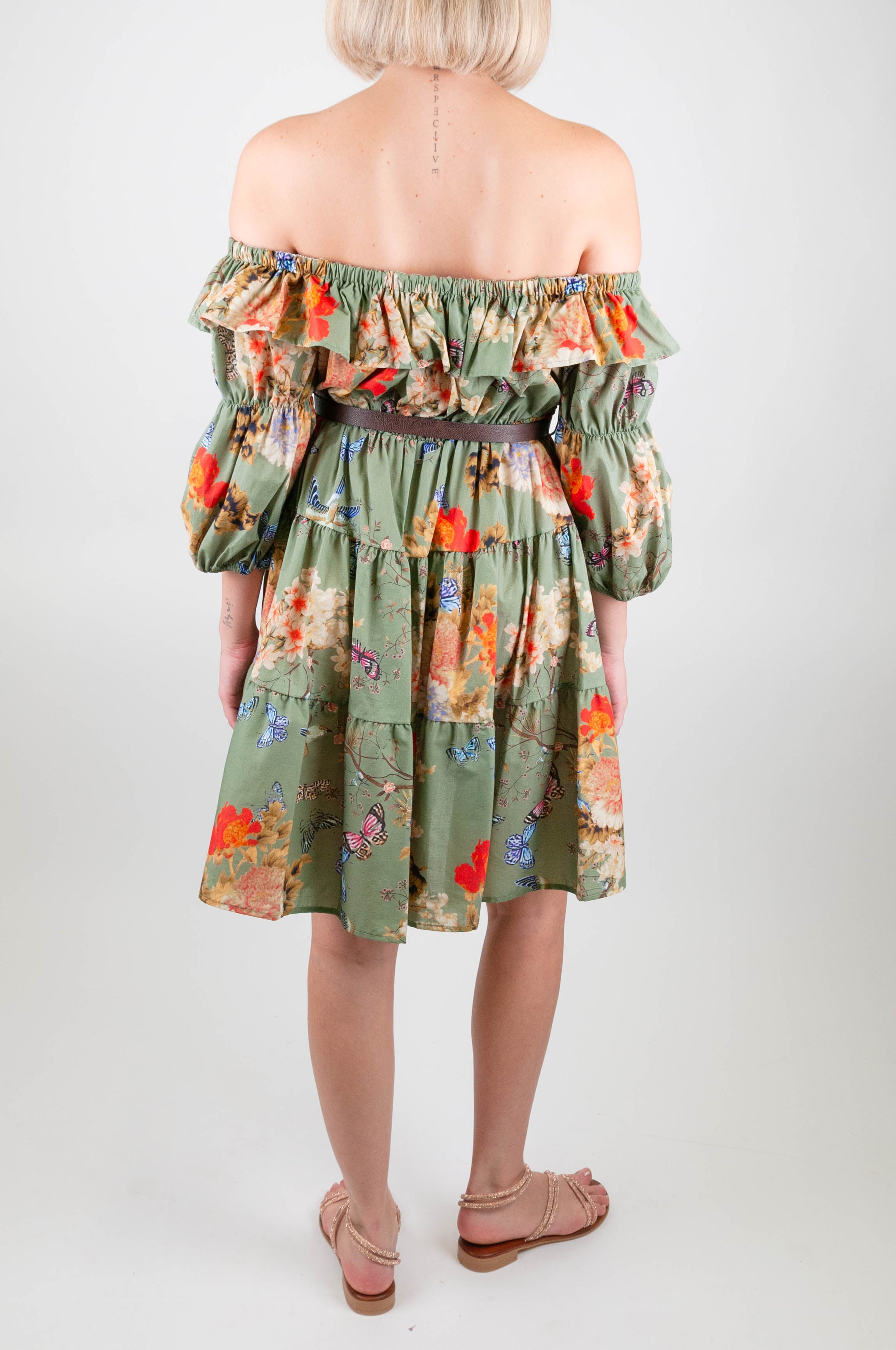 Dixie - Abito corto fantasia a balze con scollo shiffer e manica a sbuffo