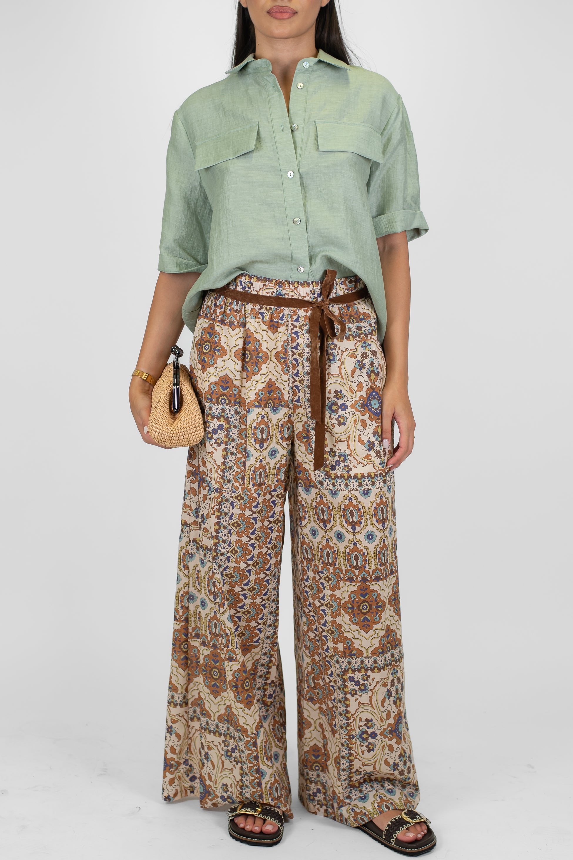 Tensione in - Pantalone palazzo fantasia astratta in mussola di cotone con elastico in vita