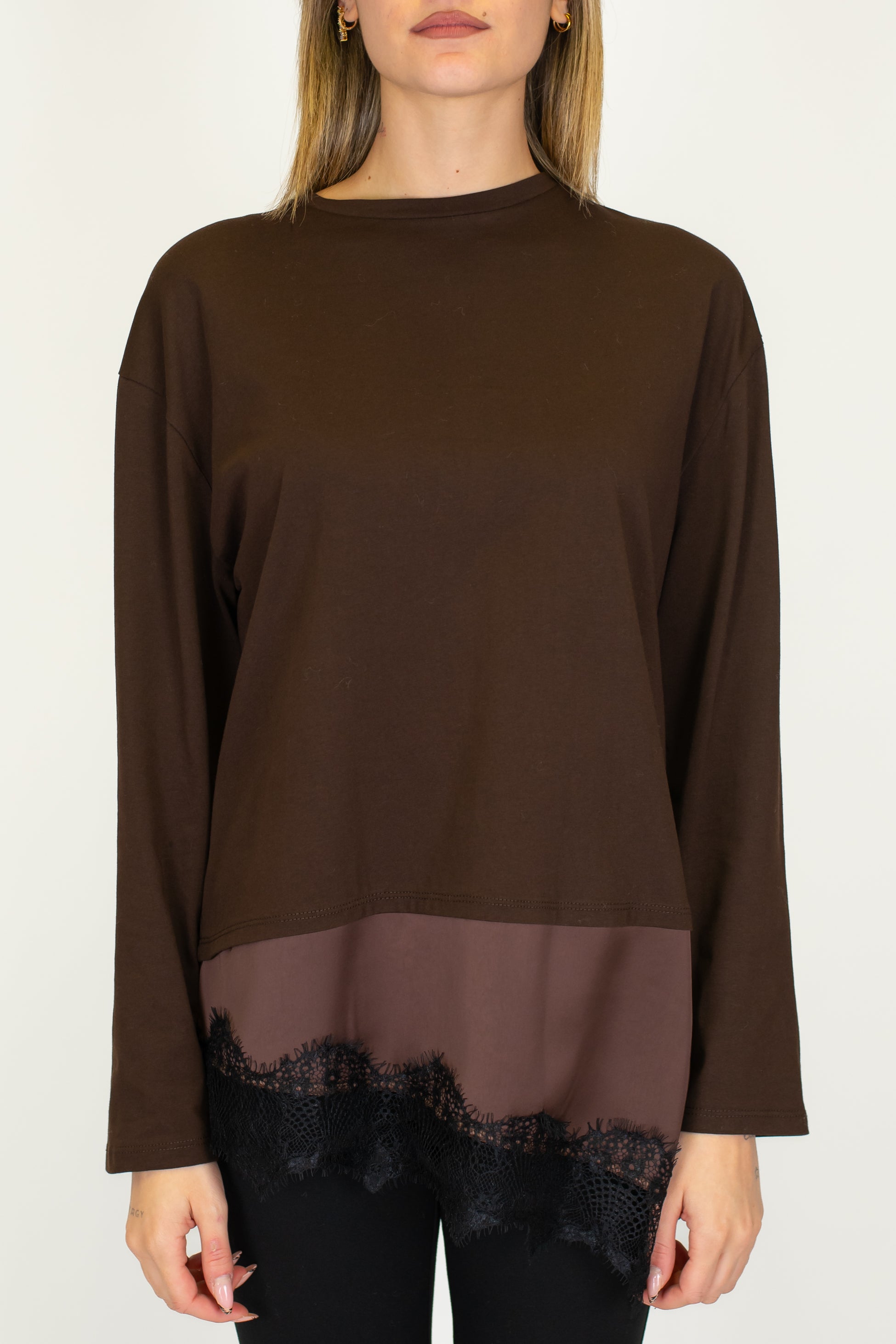 Tensione in - Shirt manica lunga con fondo in raso e pizzo