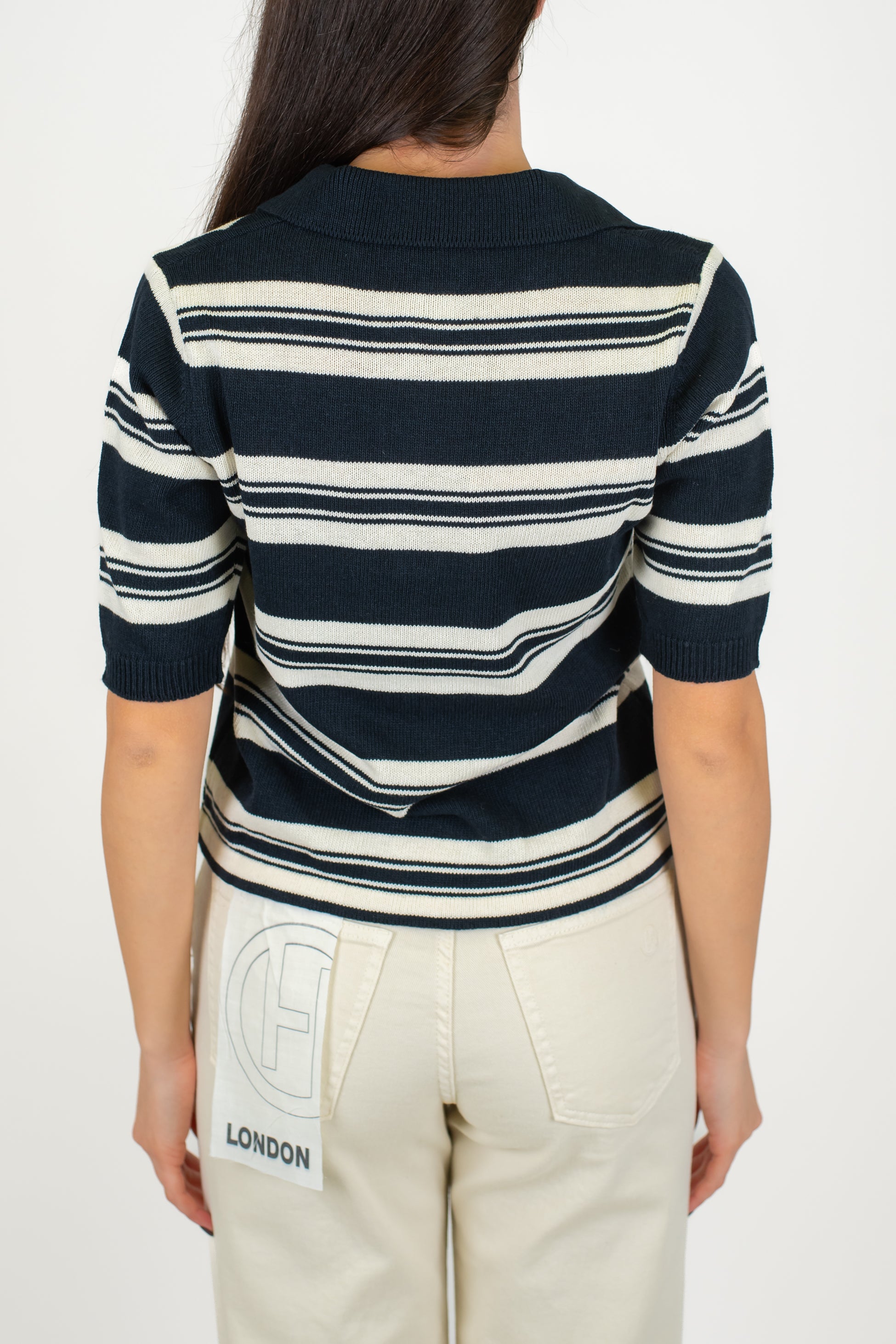 Maryley - Polo in maglia fantasia a righe con scollo a V