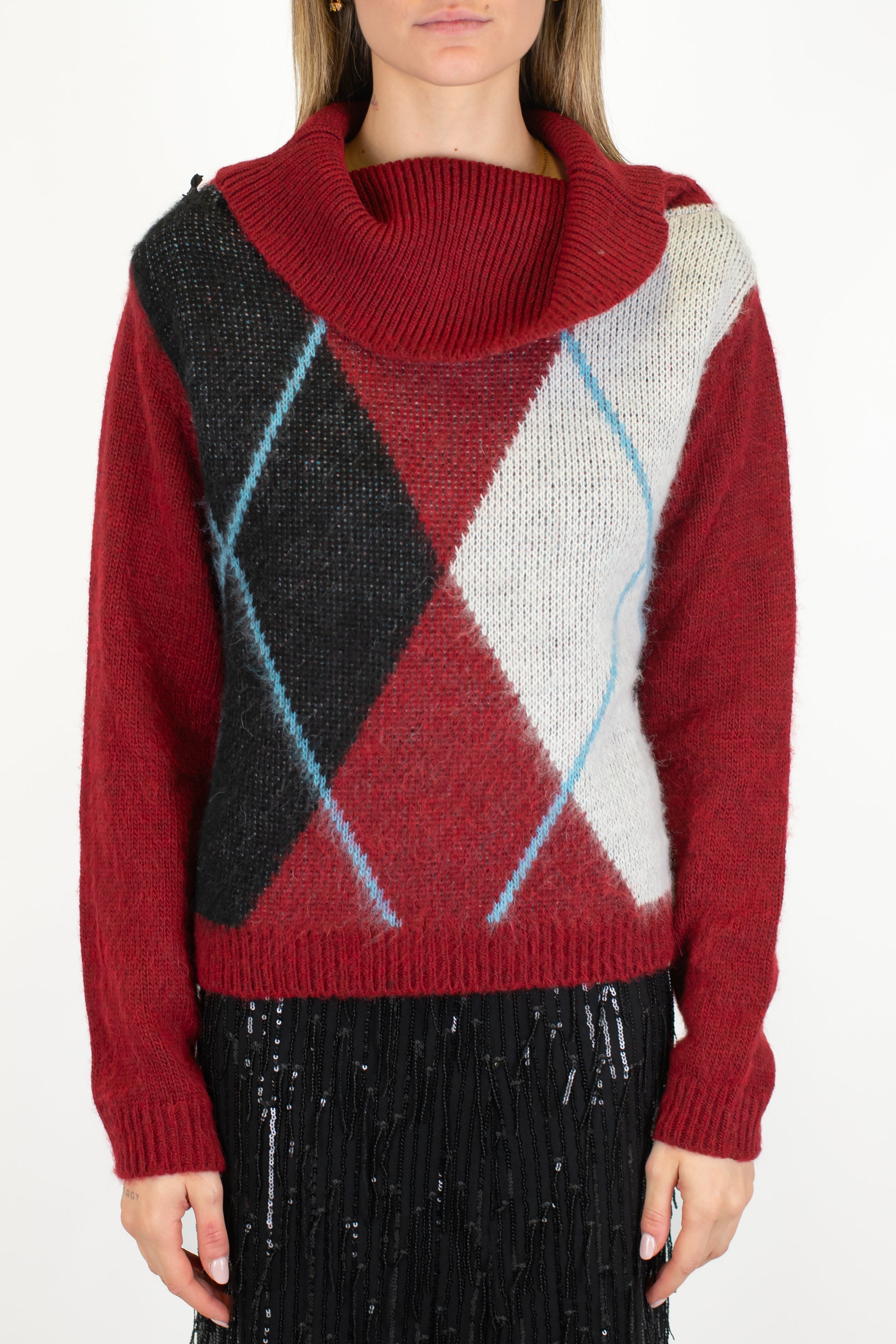 Maryley - Dolvevita con collo sciallato fantasia rombi a contrasto in misto lana