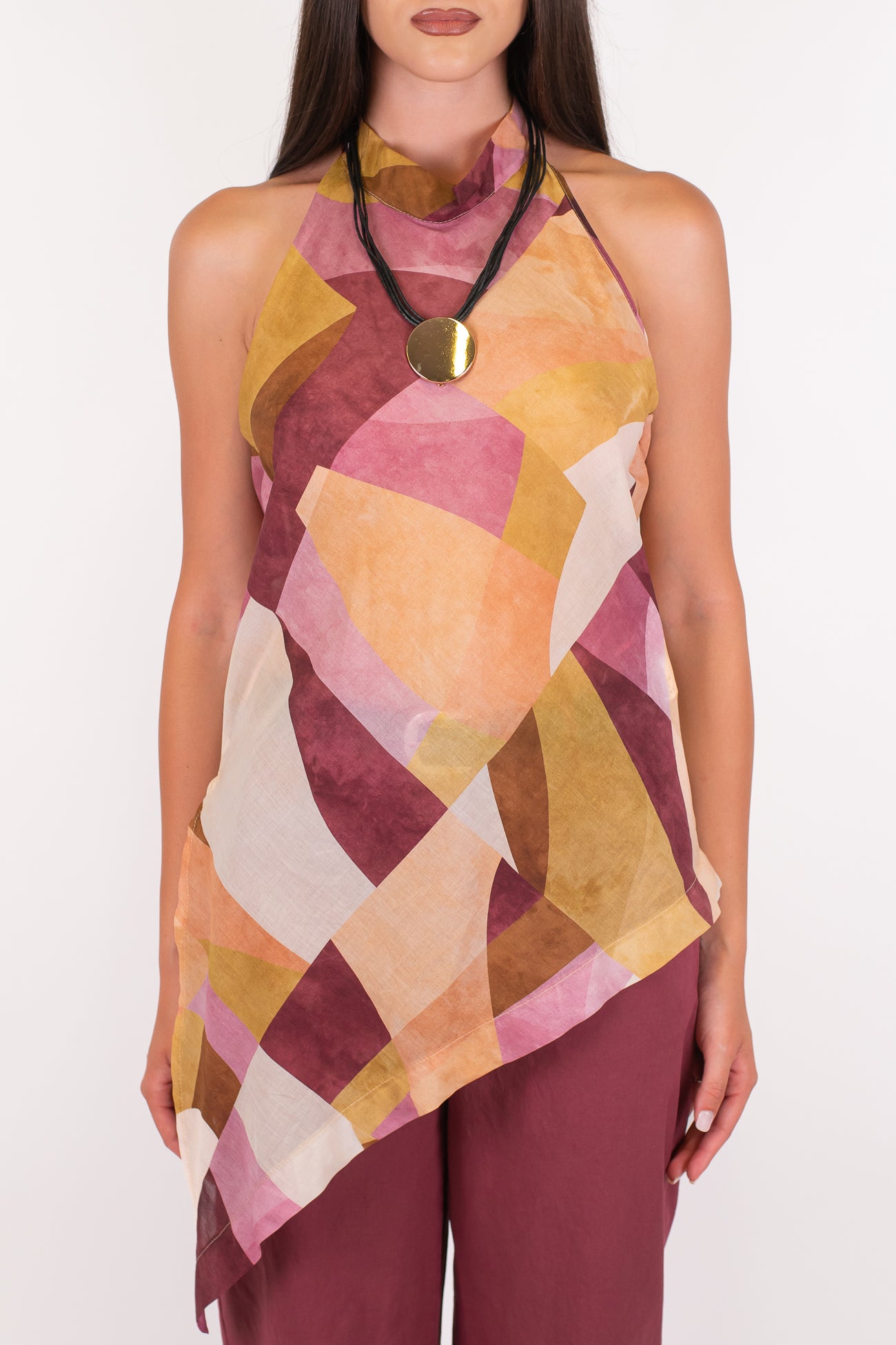 Maryley - Top foulard fantasia asimmetrico in mussola di cotone con scollo americano