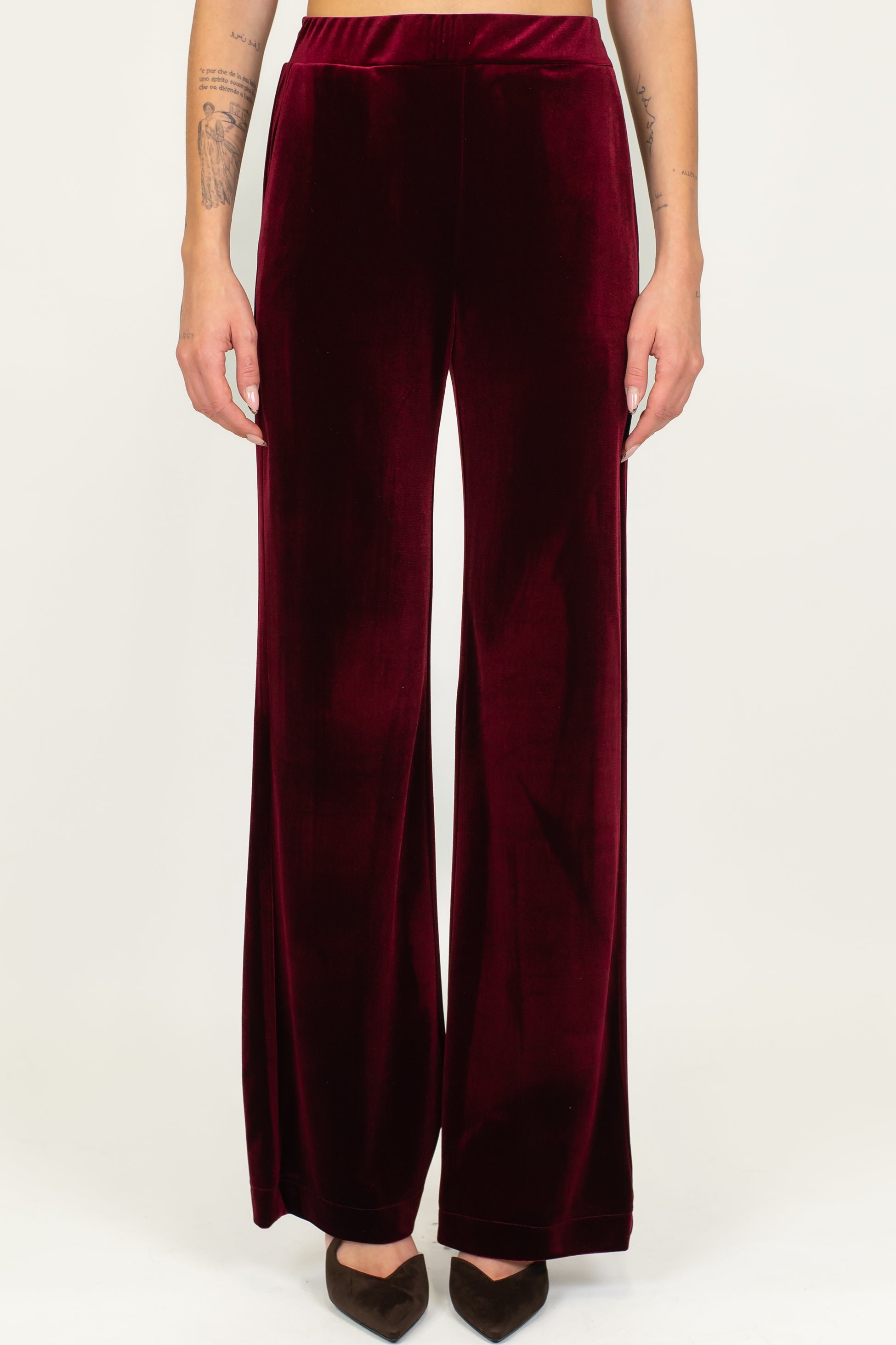 Maryley - Tailleur giacca con collo sciallato e pantalone palazzo in velluto con elastico in vita