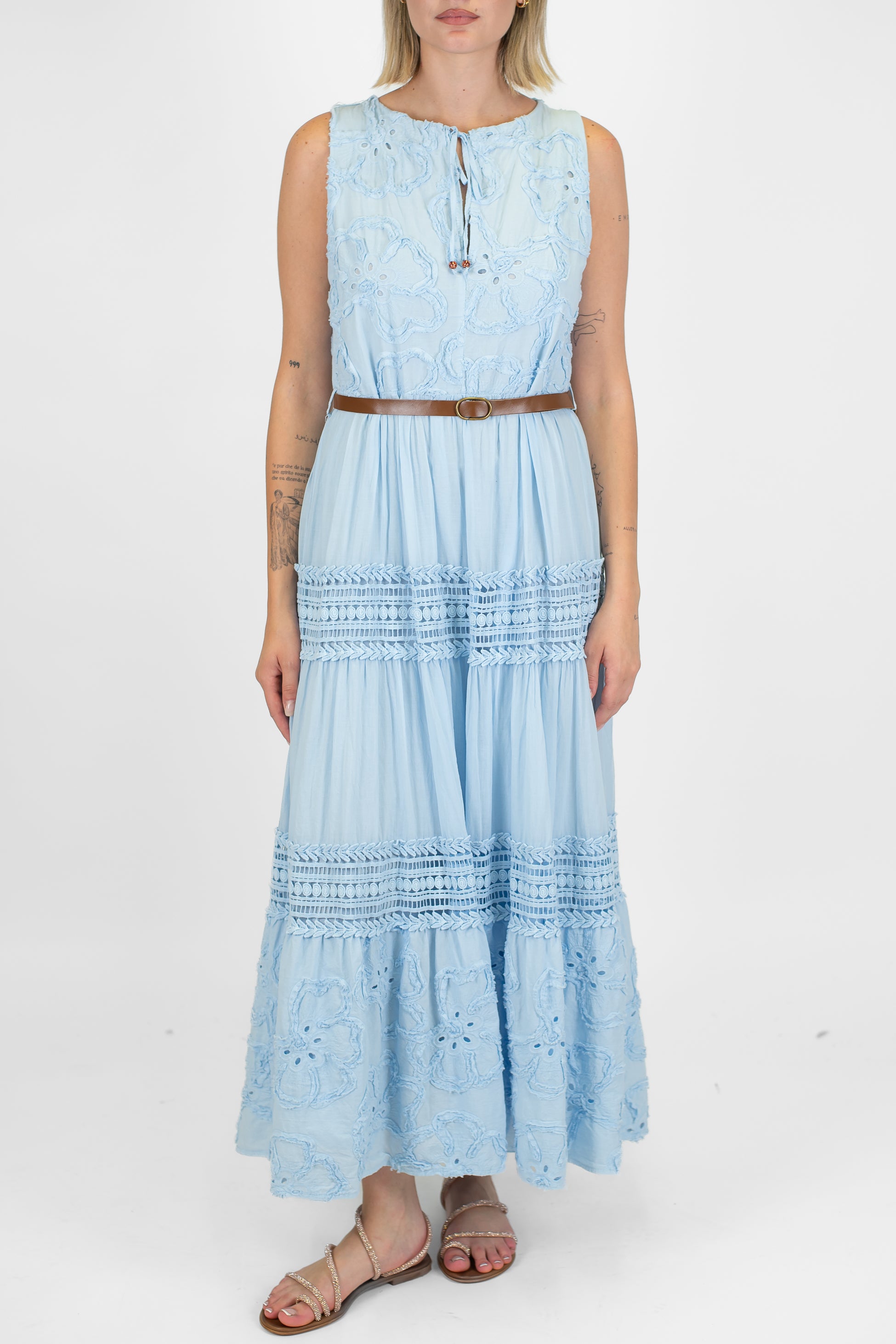 Motel - Abito lungo giromaniche con ricami in pizzo sangallo