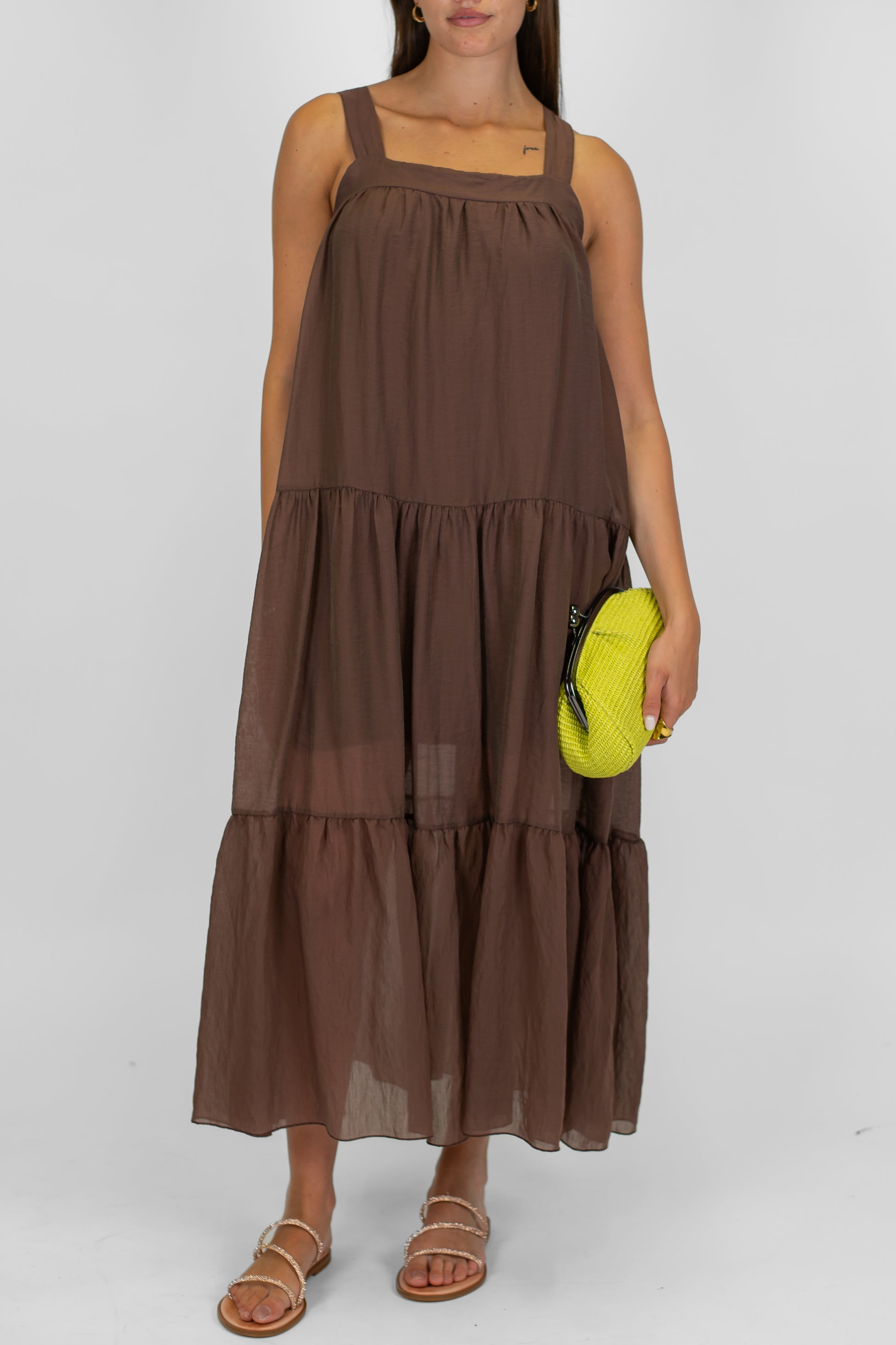 Tensione in - Abito lungo in lyocell con brettelle e balze