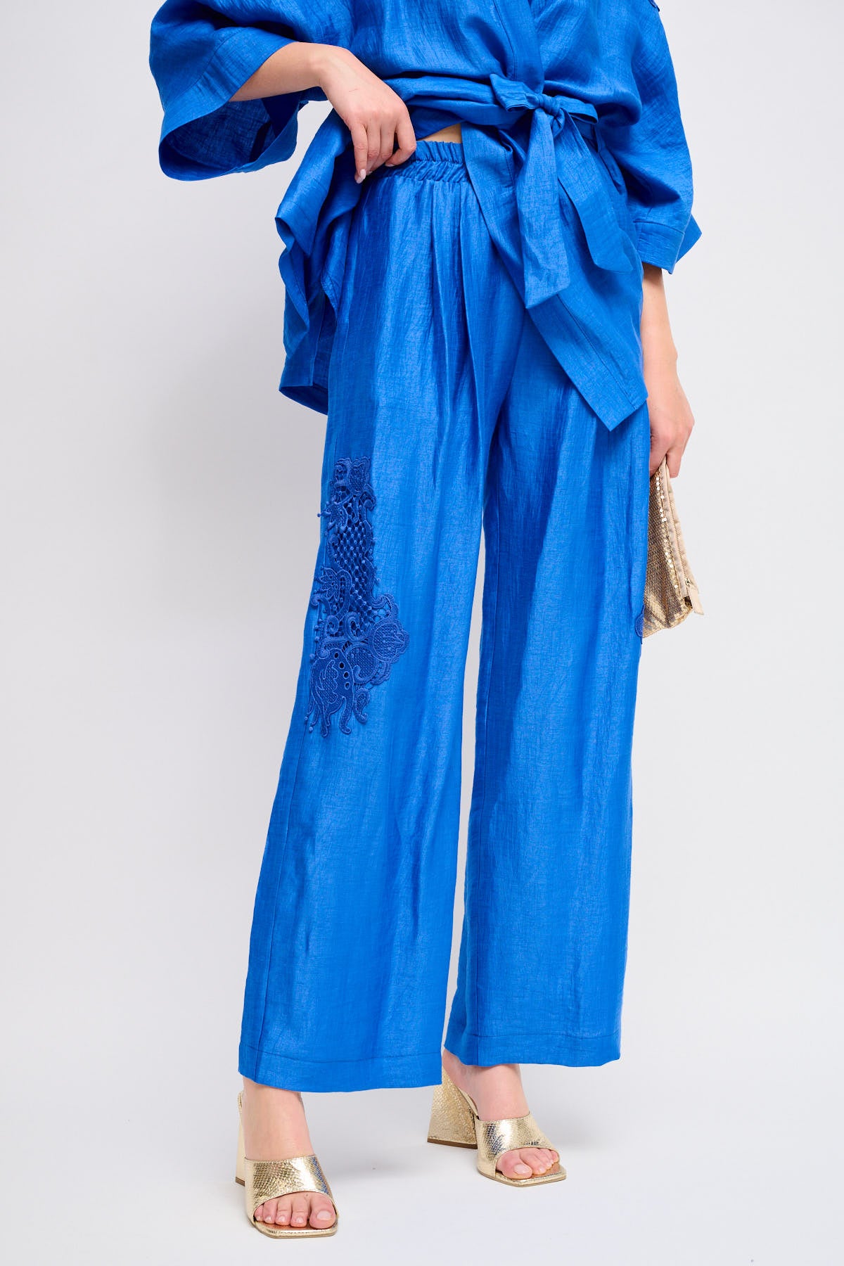 Maryley - Pantalone palazzo in lino con ricami ed elastico in vita