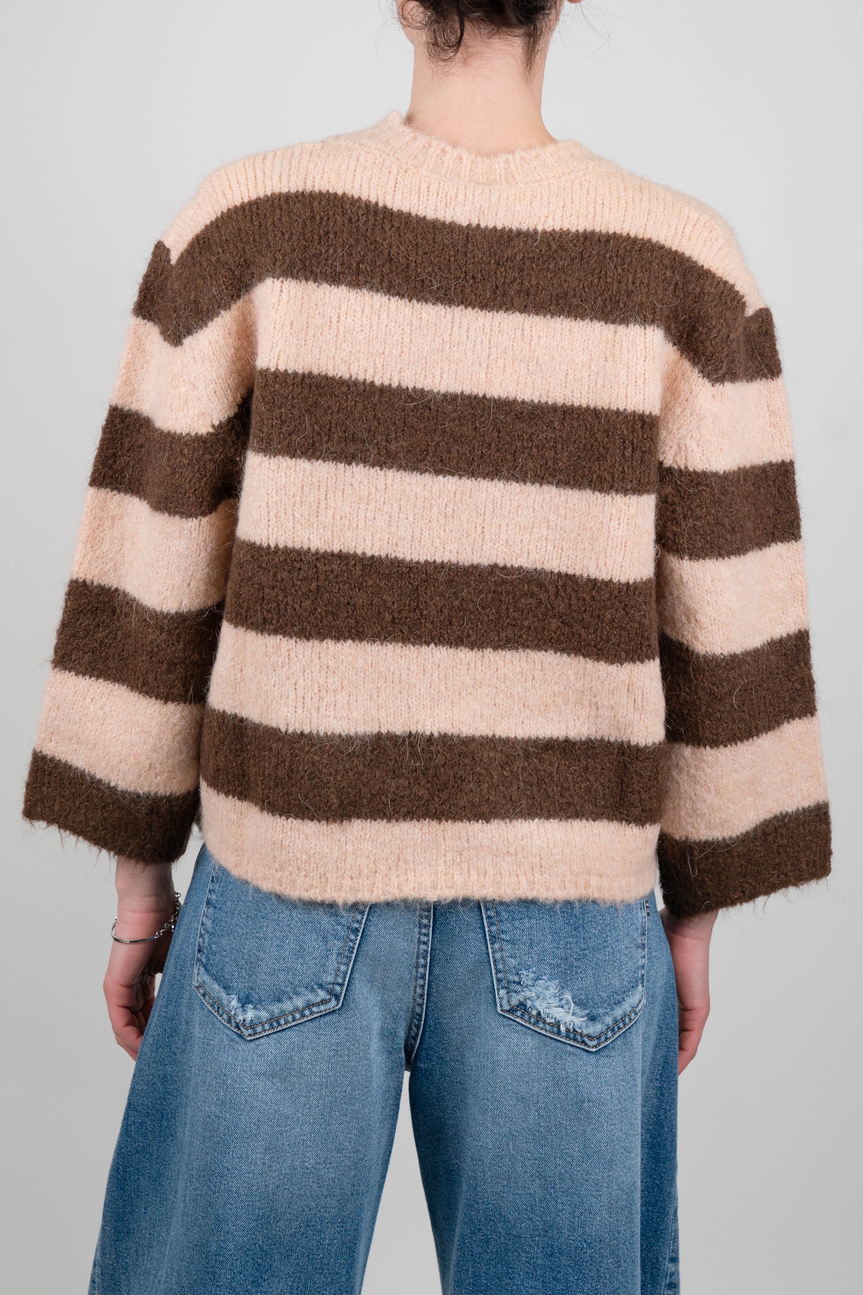 Tensione in - Maglia a scatola fantasia a righe in misto lana con manica tre quarti