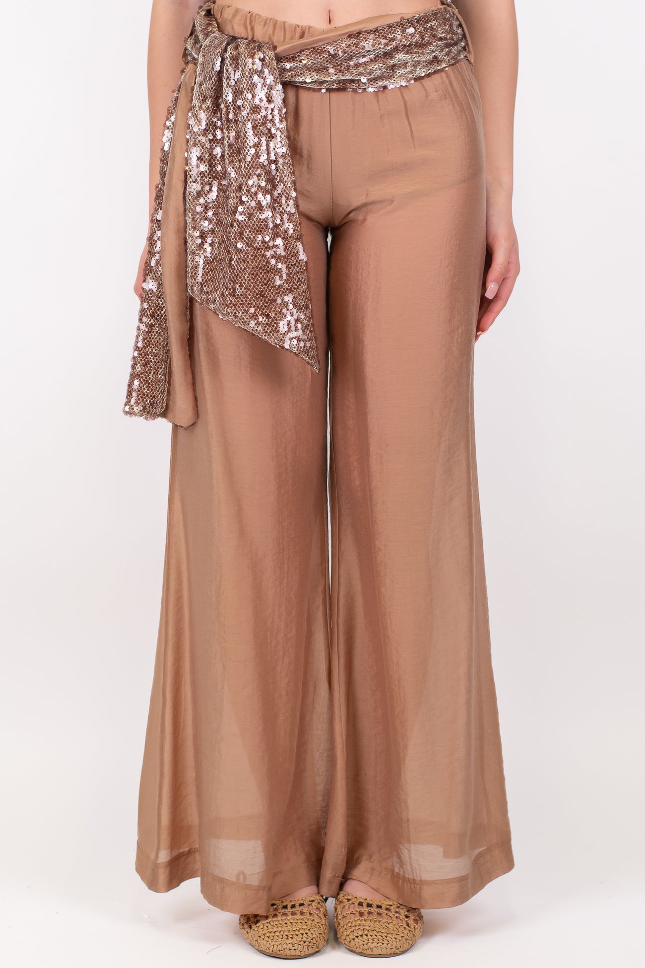 Haveone - Pantalone palazzo in lyocell con elastico in vita, coulotte e fusciacca paillettes