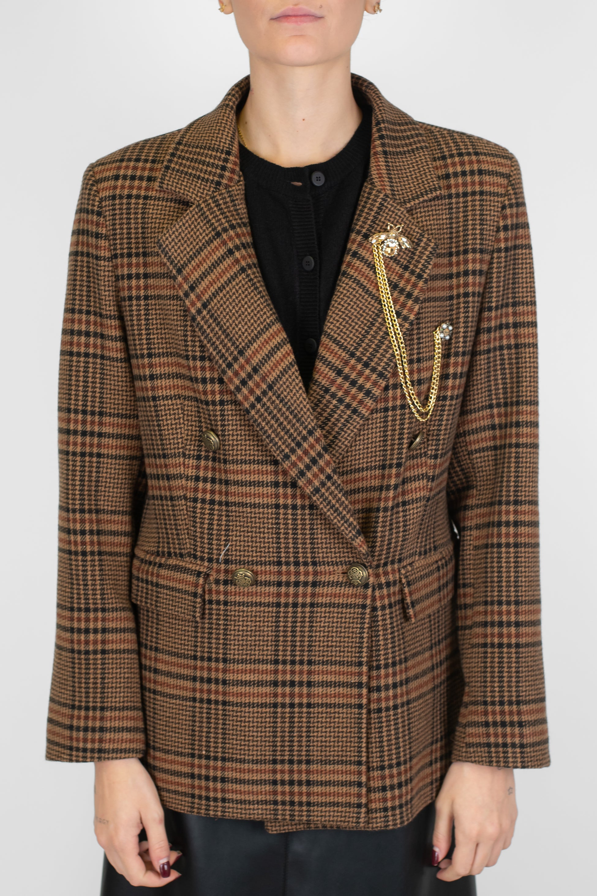 Motel - Giacca doppiopetto fantasia principe di galles in misto lana con spilla gioiello
