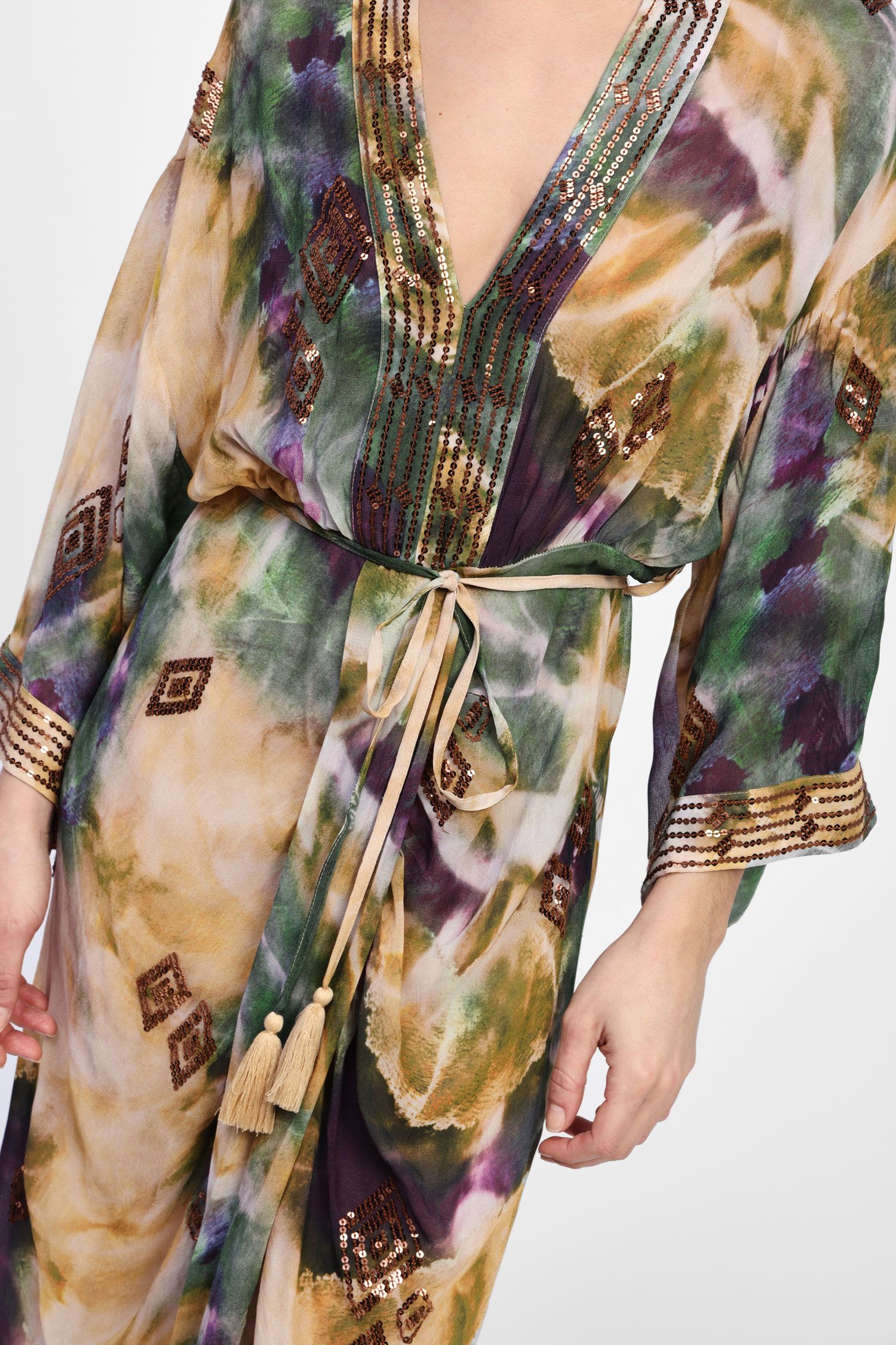 Dixie - Abito lungo fantasia con drappeggio e paillettes