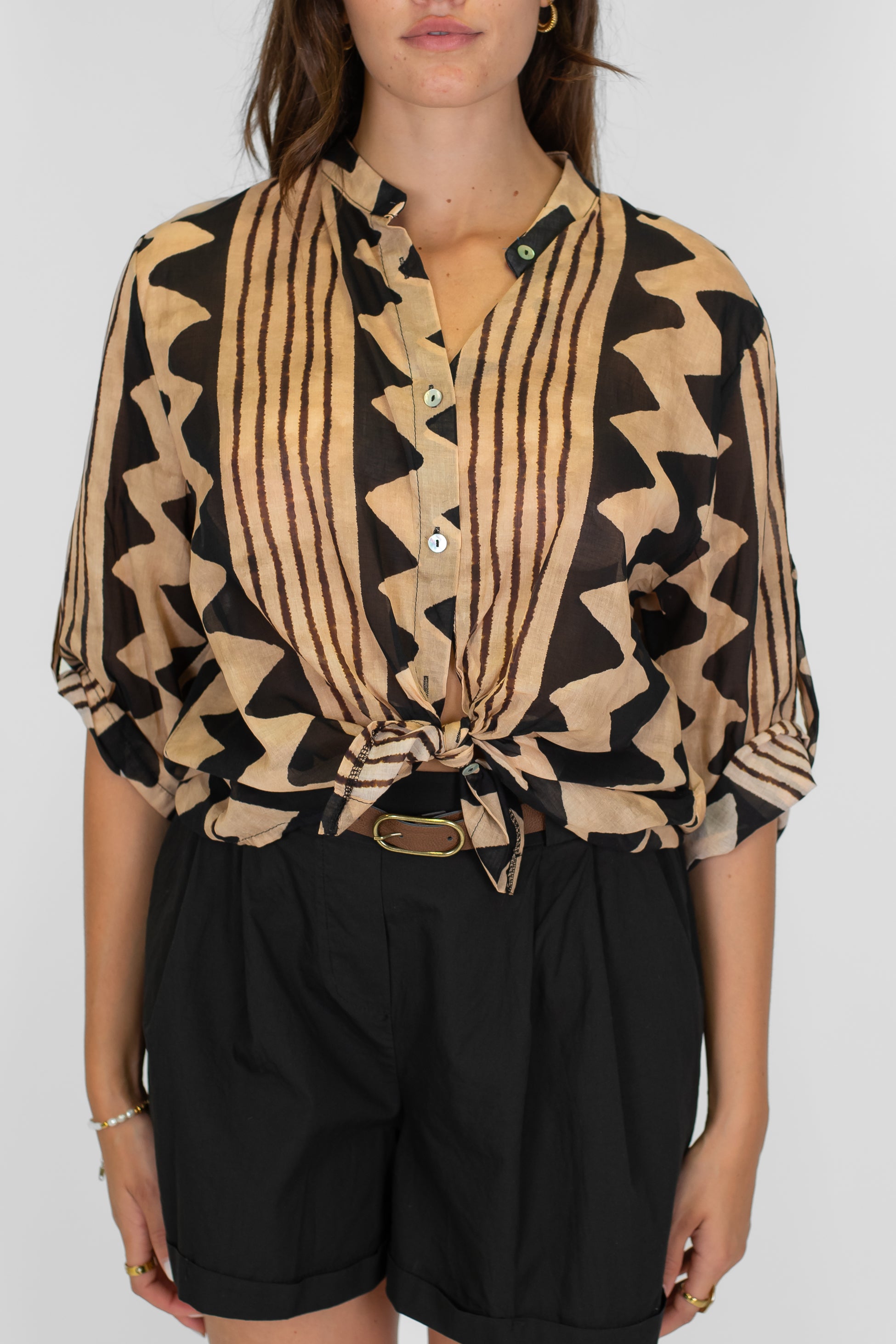 Haveone - Camicia doppia fantasia in viscosa con collo coreano