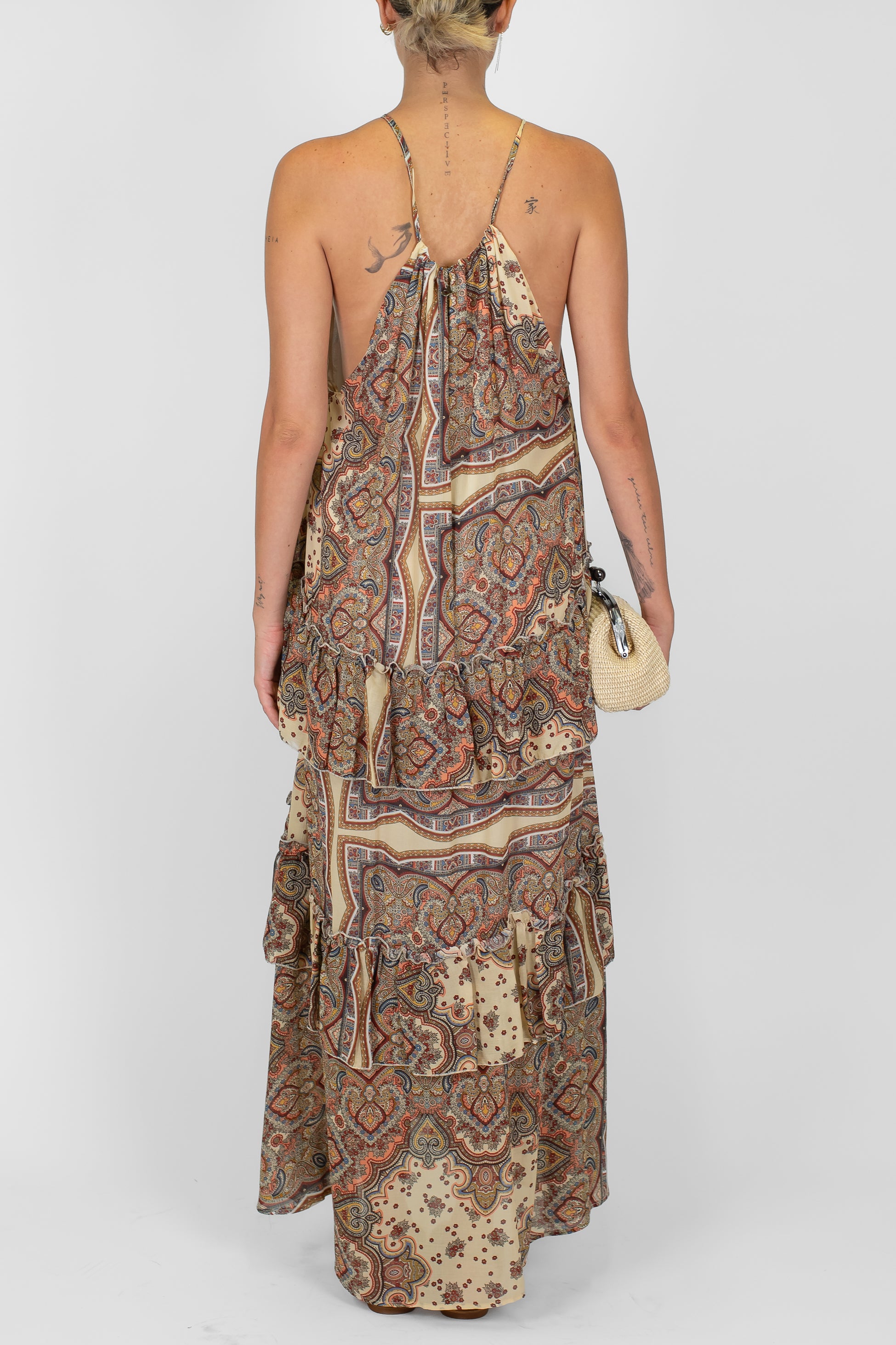 Dixie - Abito lungo scollo americana con balze fantasia