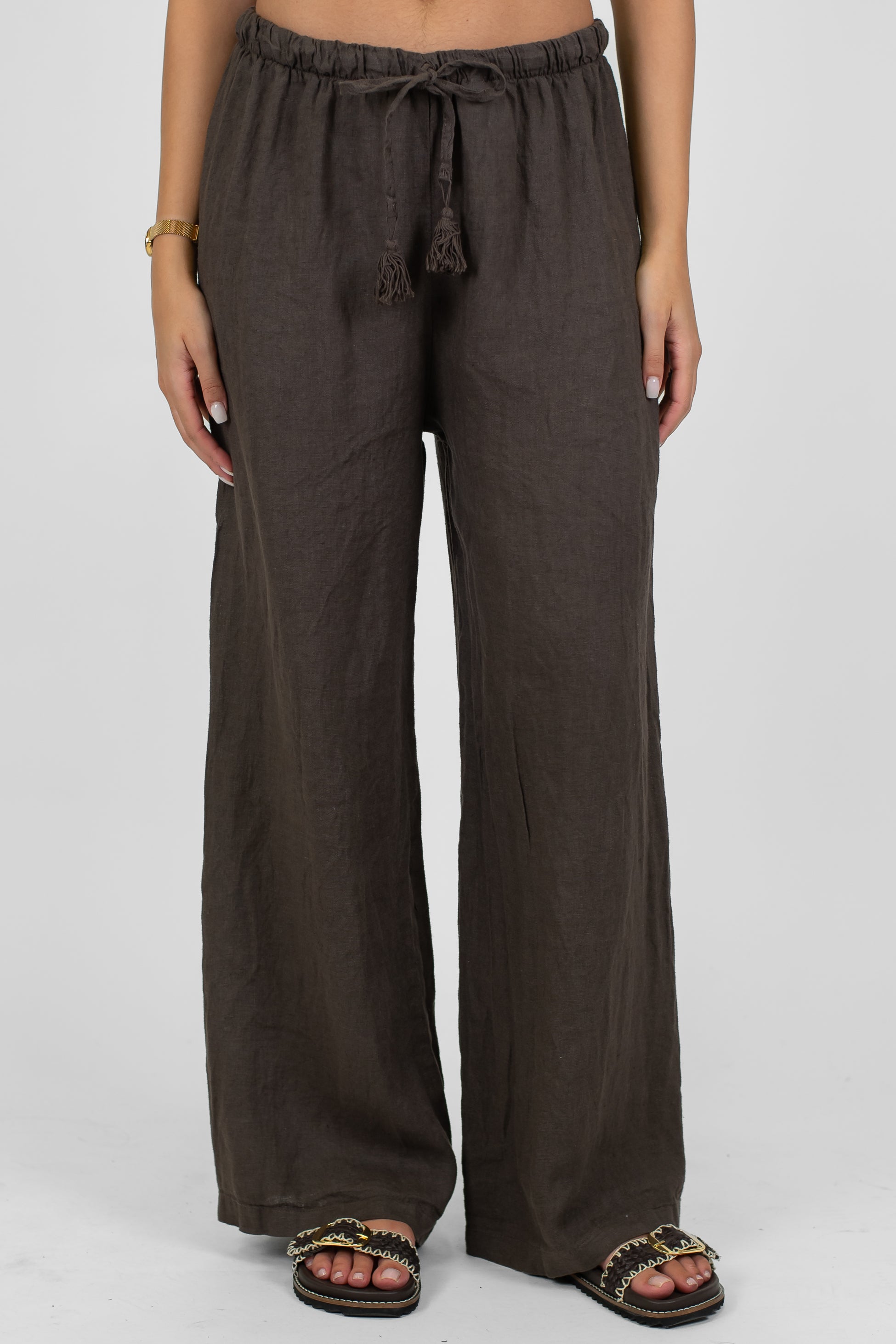 Tensione in - Pantalone palazzo in puro lino con coulisse