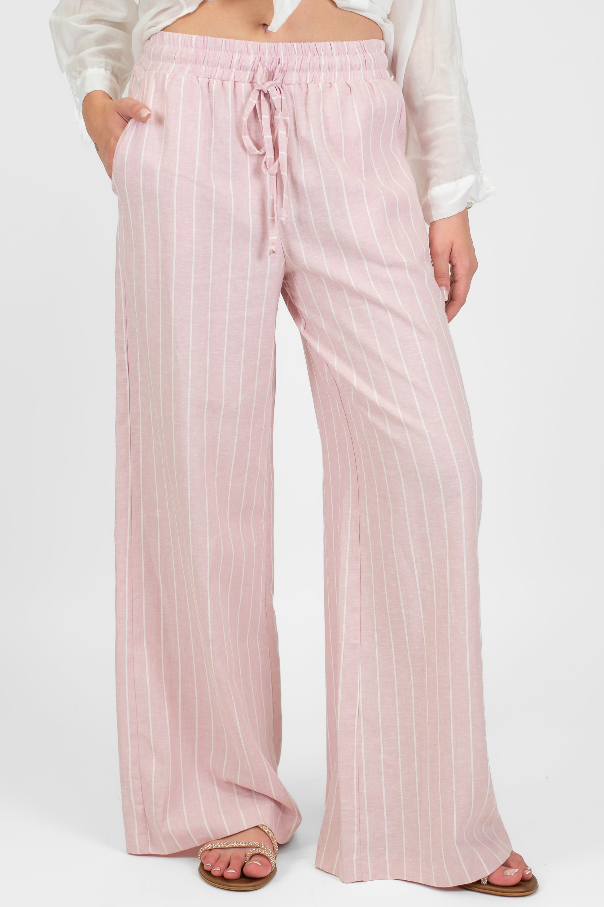 Motel - Pantalone palazzo gessato in misto lino con coulisse