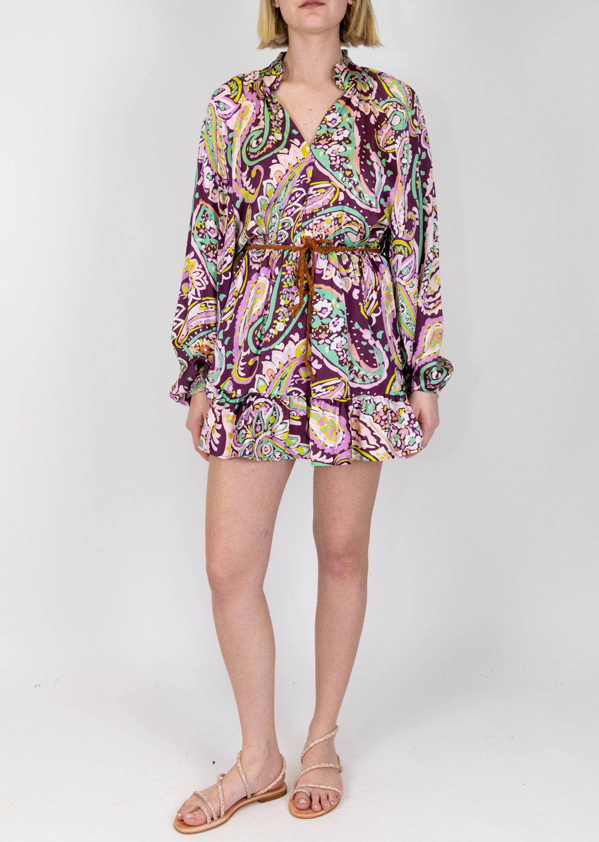 Dixie - Abito corto scollo a V fantasia etnica multicolor in viscosa