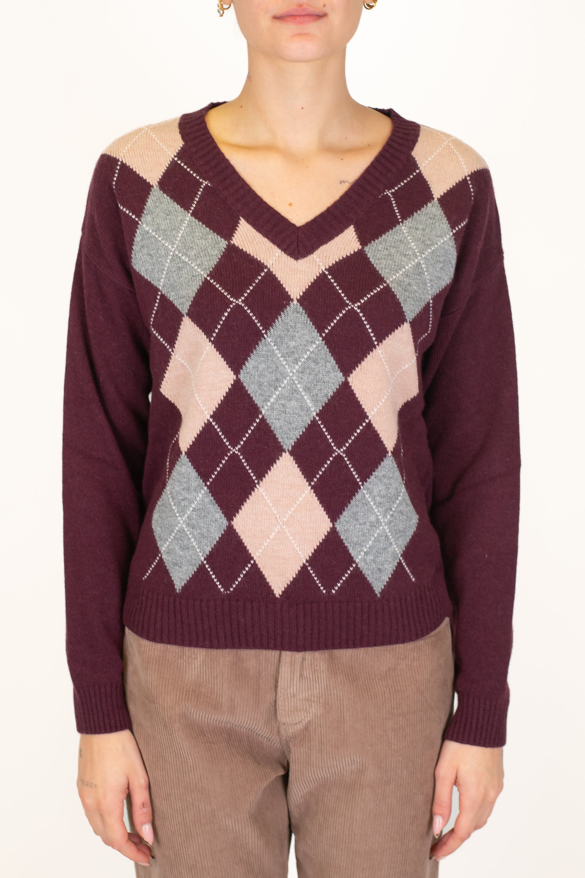 Tensione in - Maglia scollo V fantasia rombi a contrasto in misto lana e cashmere