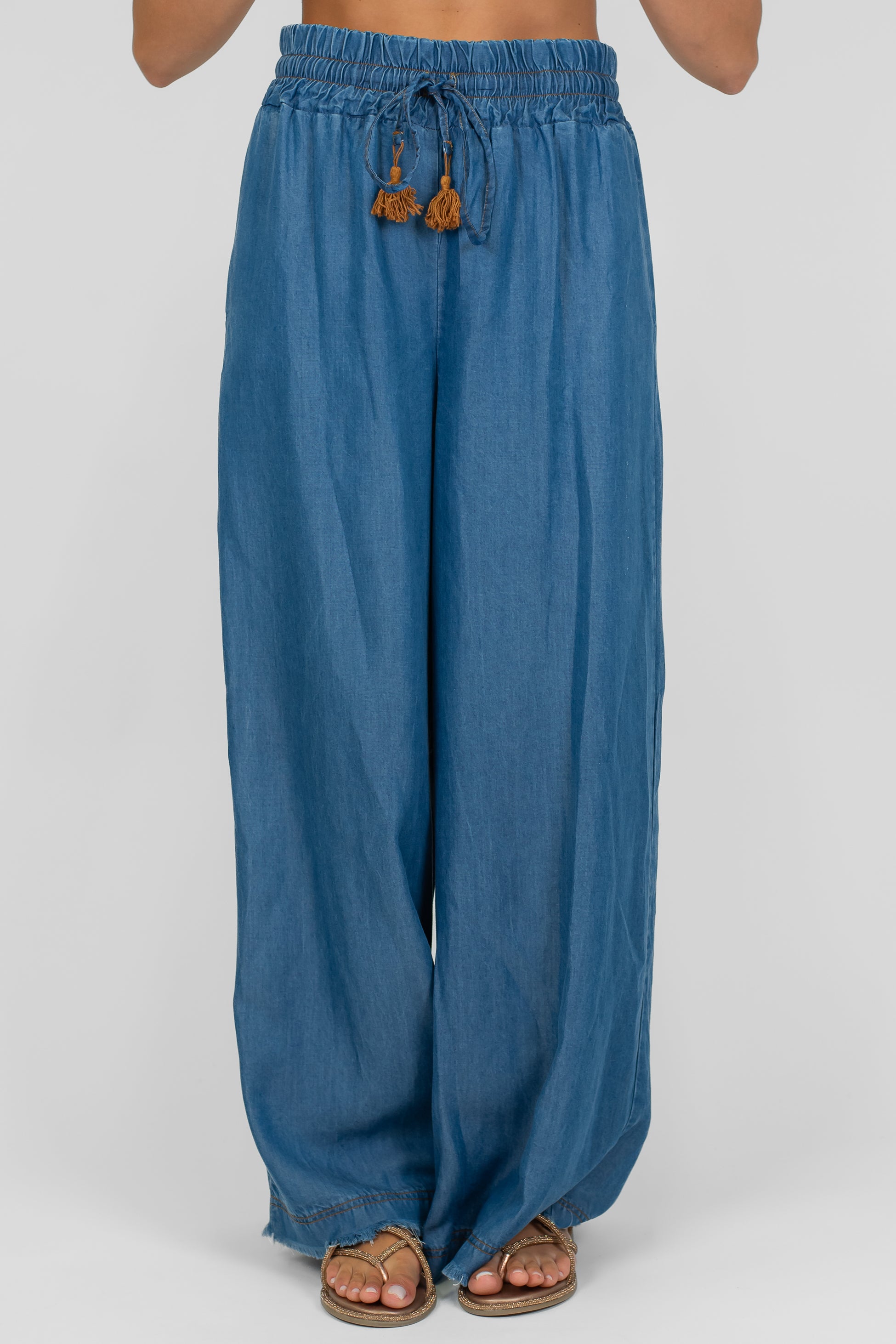 Motel - Pantalone palazzo in lyocell con coulisse e nappine