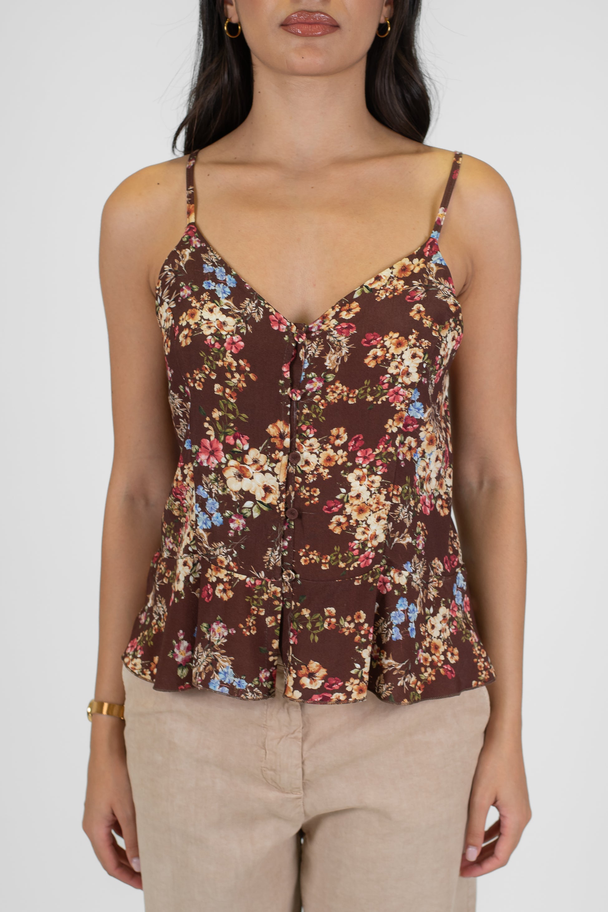 Tensione in - Top fantasia floreale in viscosa con bretelline e chiusura bottoni