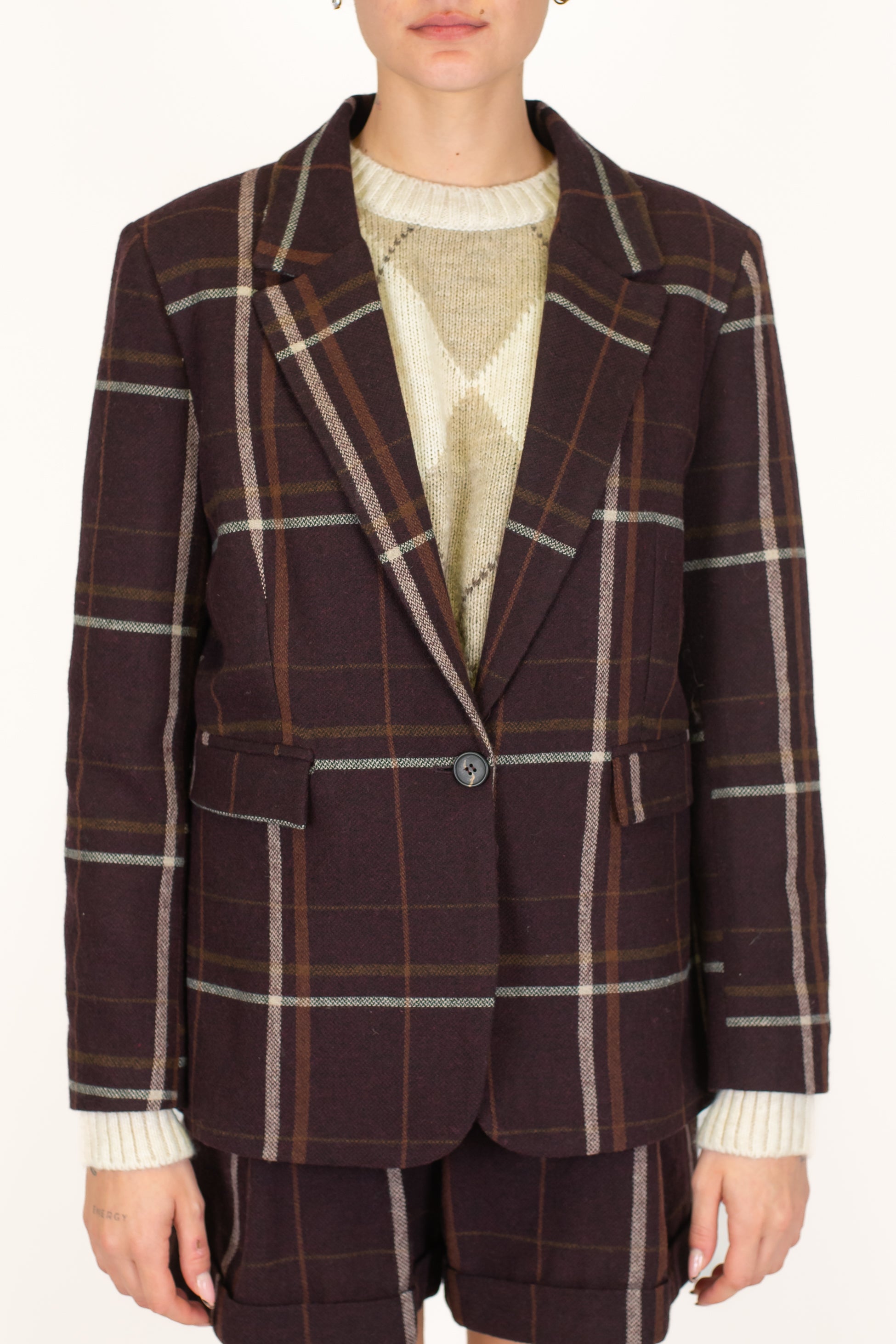 Tensione in - Giacca a scatola fantasia quadri in misto lana con spalline