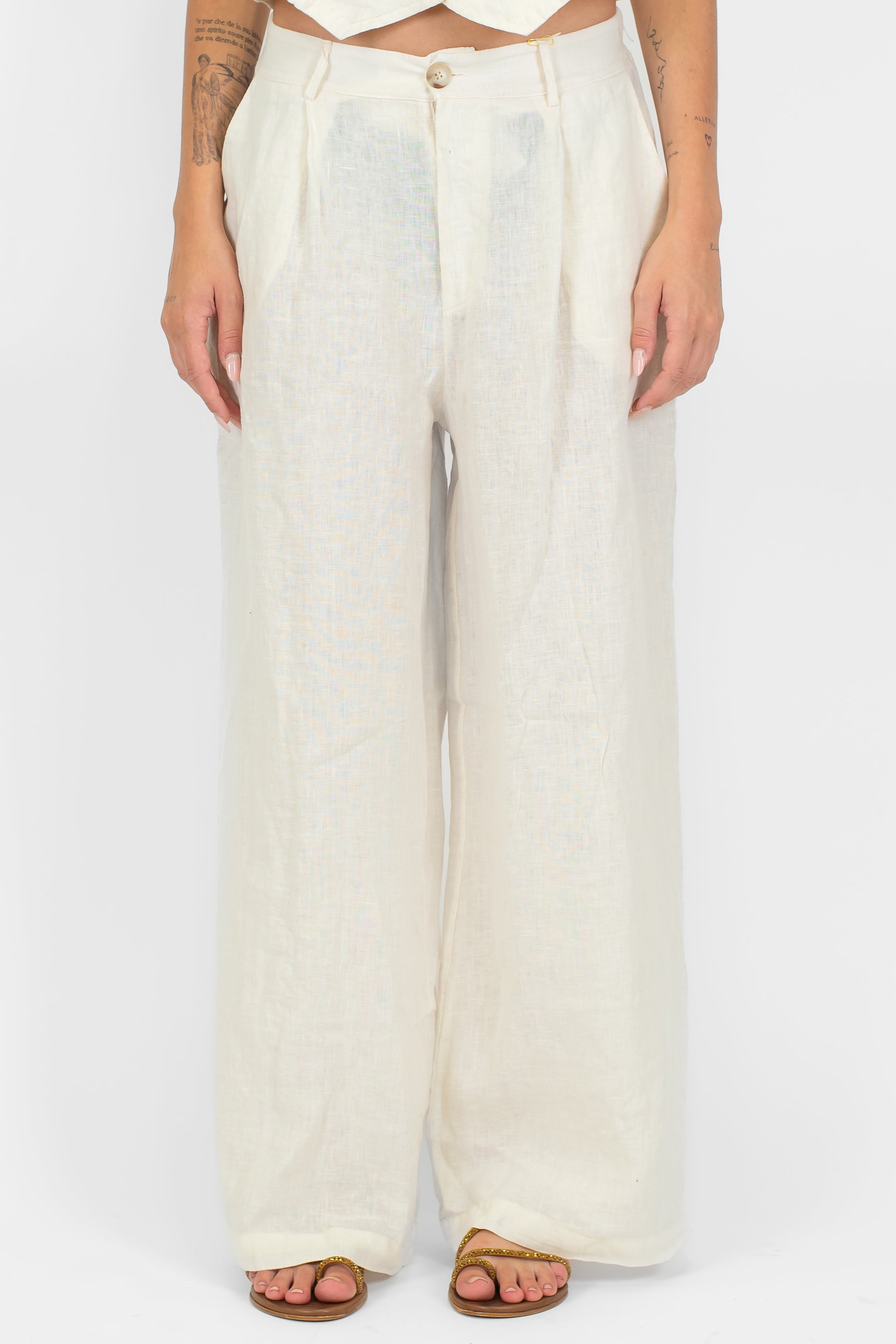 Haveone - Pantalone palazzo in puro lino con pinces ed elastico sul retro