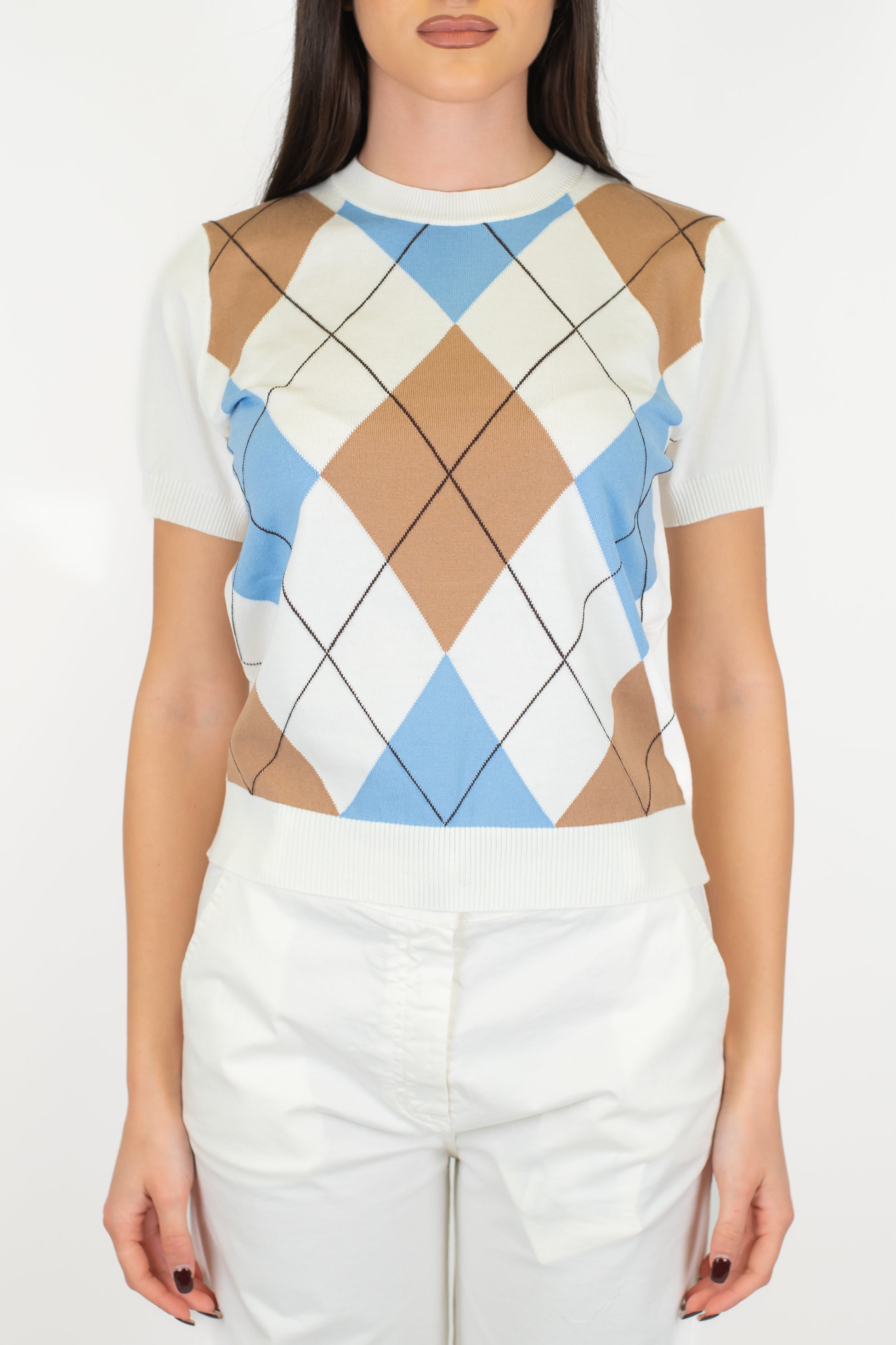 Motel - Maglia mezzamanioca crop fantasia rombi a contrasto in viscosa leggera