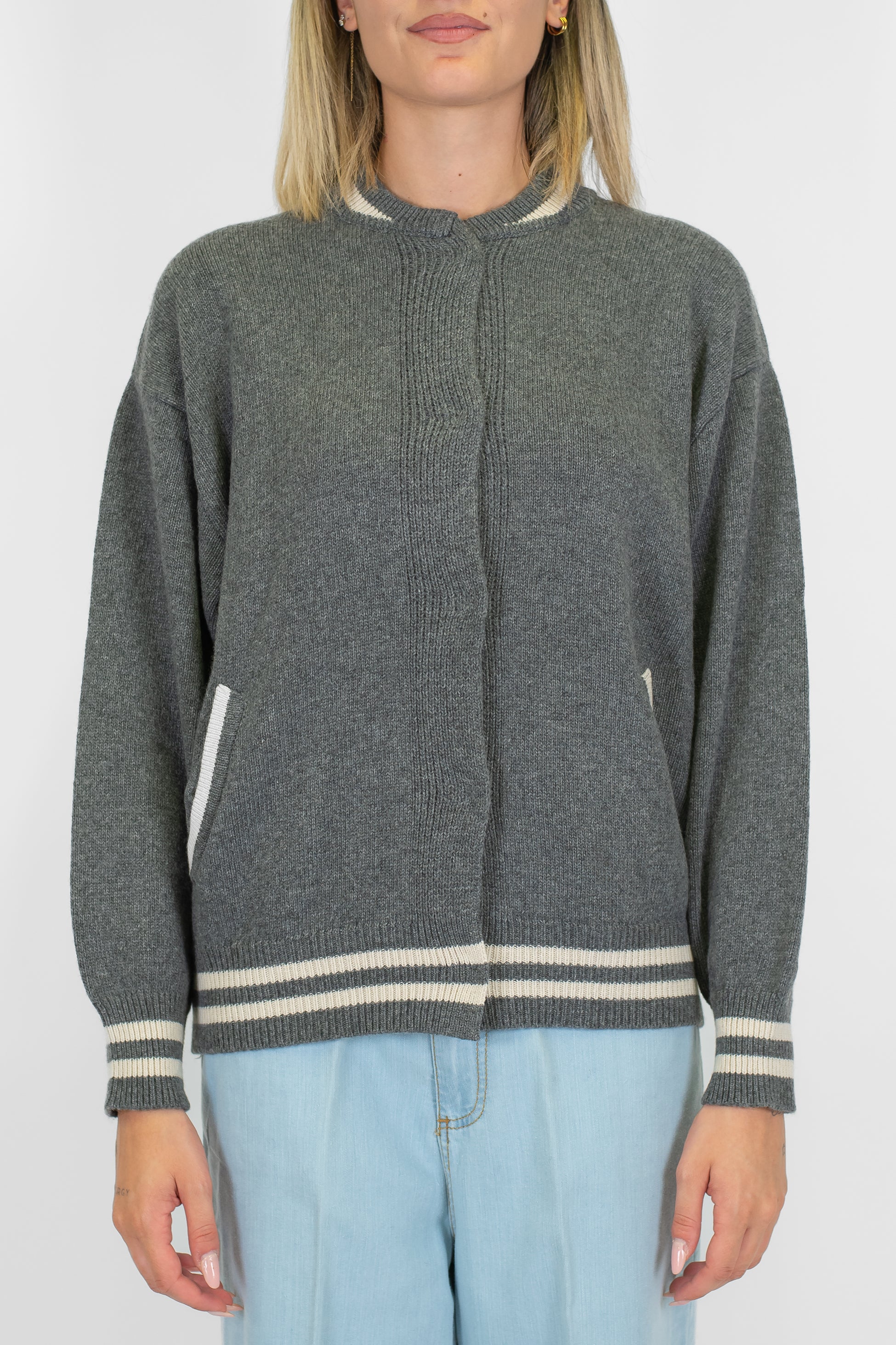 Kontatto - Bomber in maglia misto lana e cashmere con profili a contrasto e chiusura con bottoni