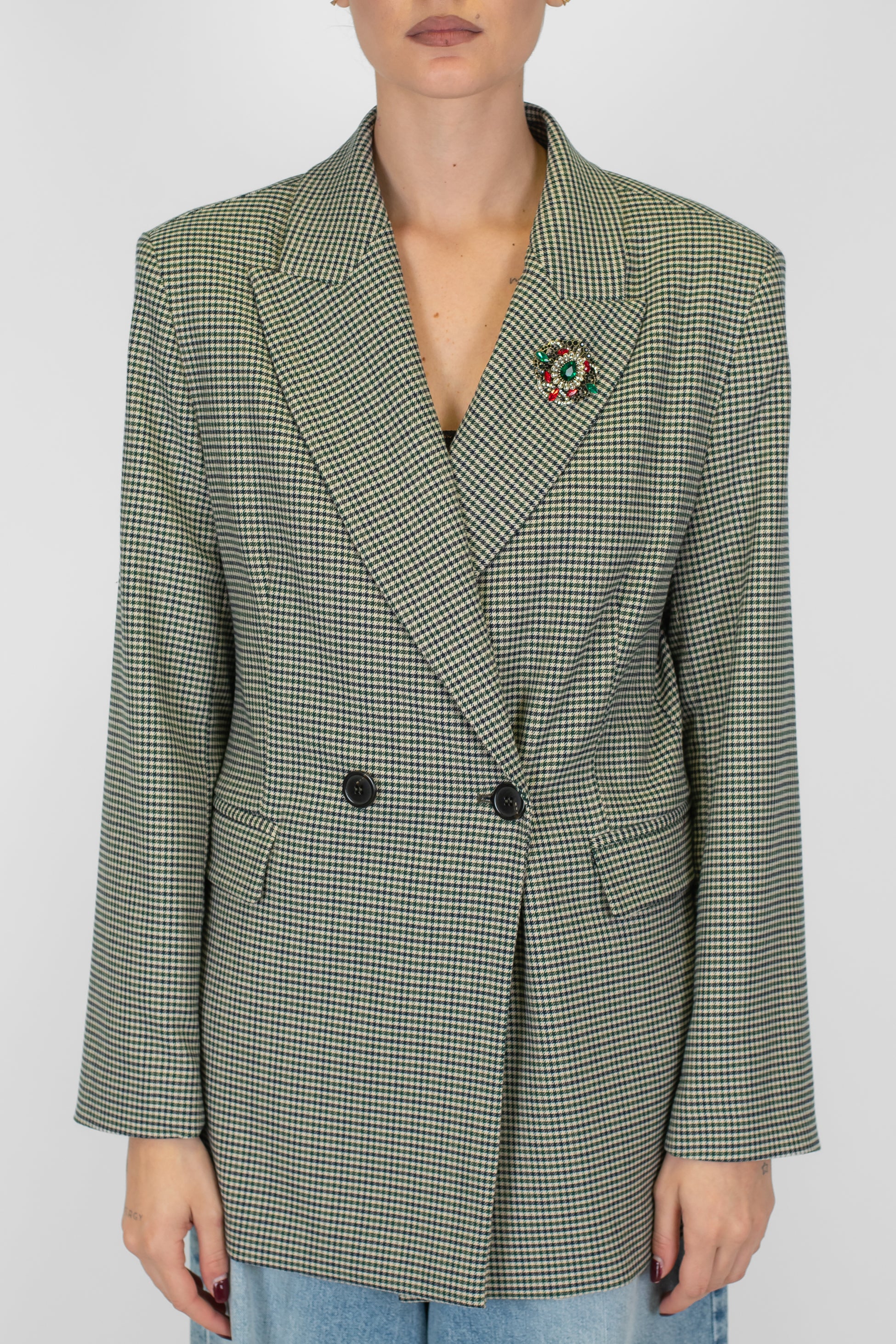 Maryley - Giacca doppiopetto microfantasia pied de poule con spilla